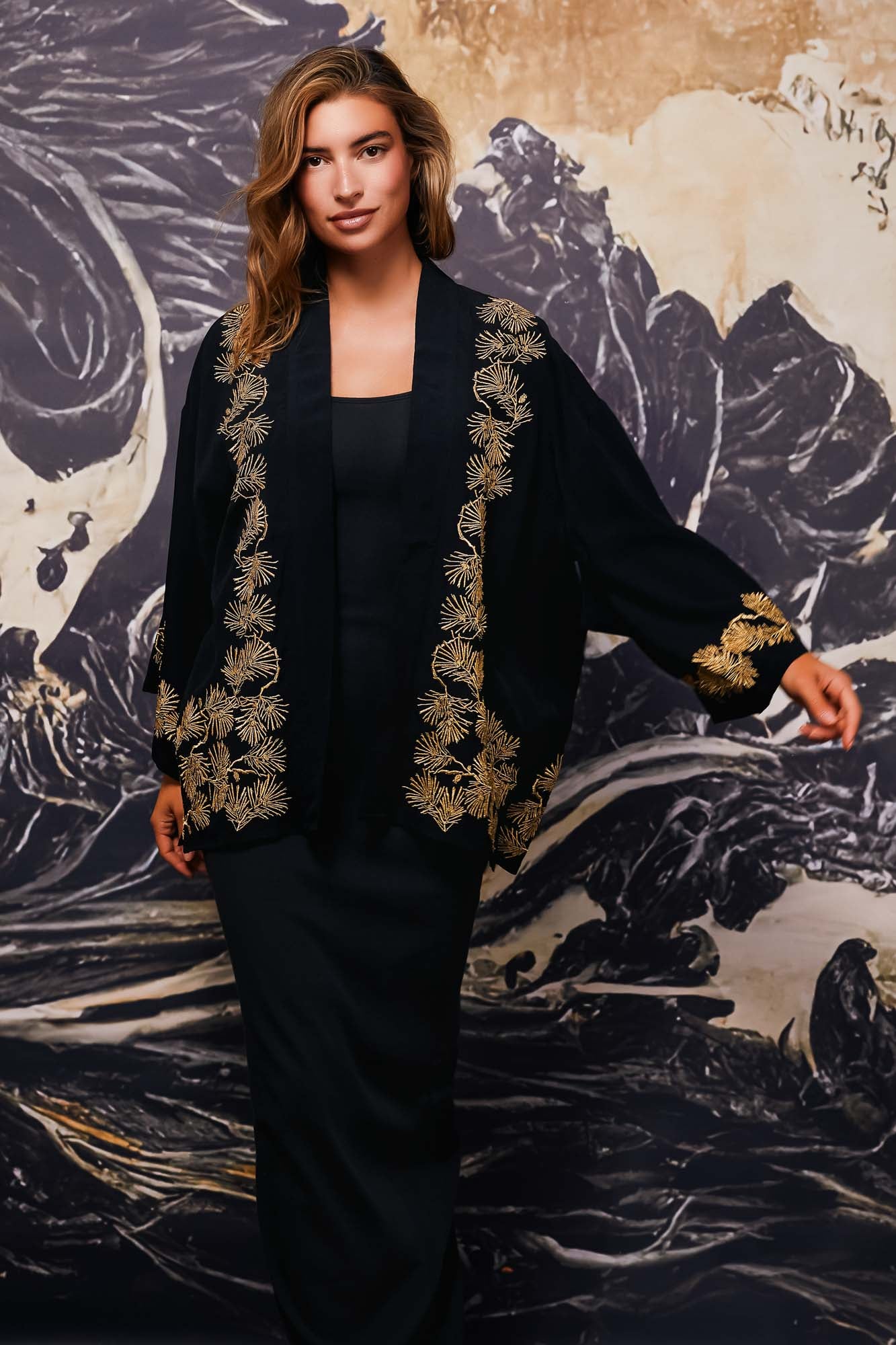 Japanese Pine Needles embroidered short black and gold kimono jacket