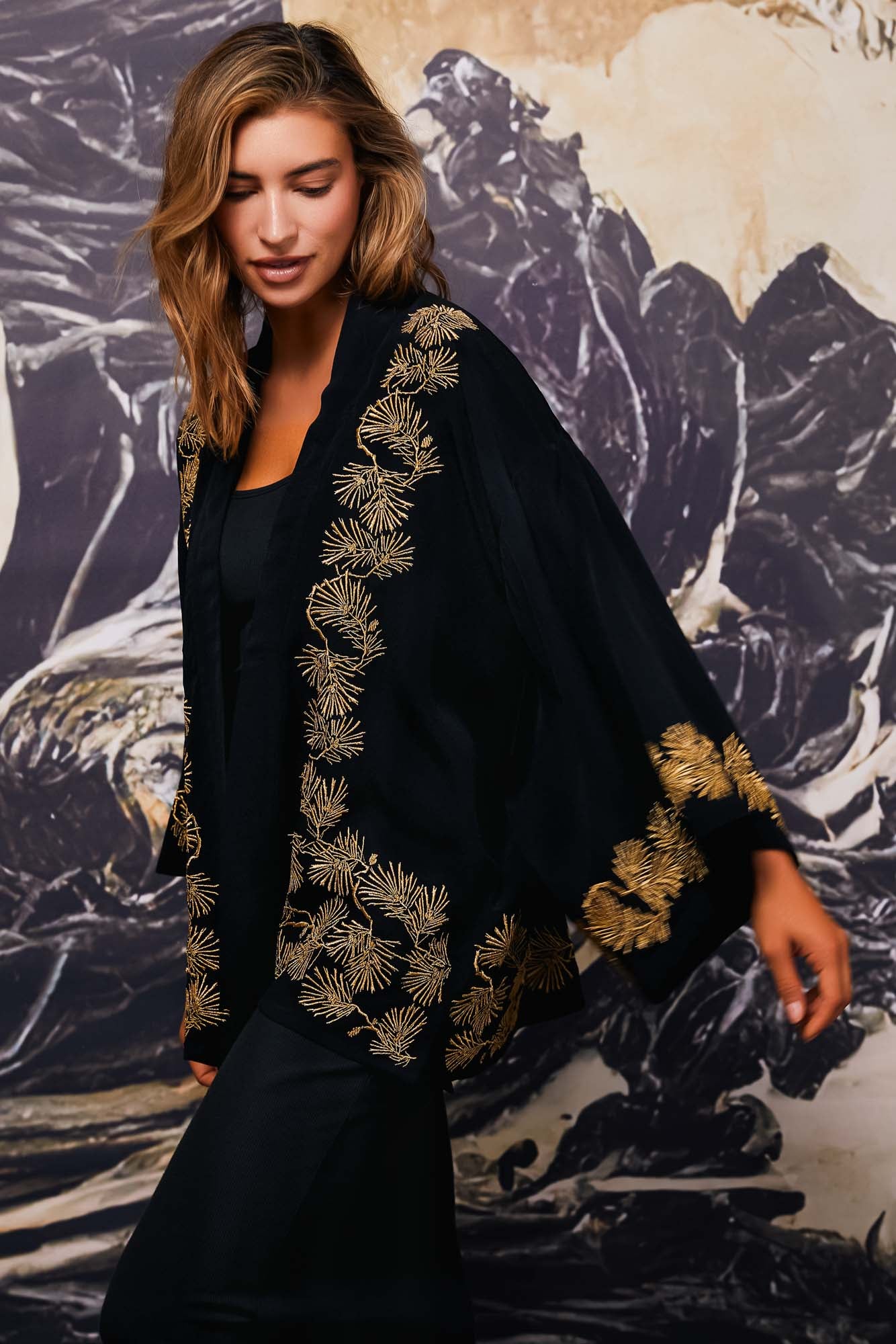 Japanese Pine Needles gold and black embroidered short kimono side view