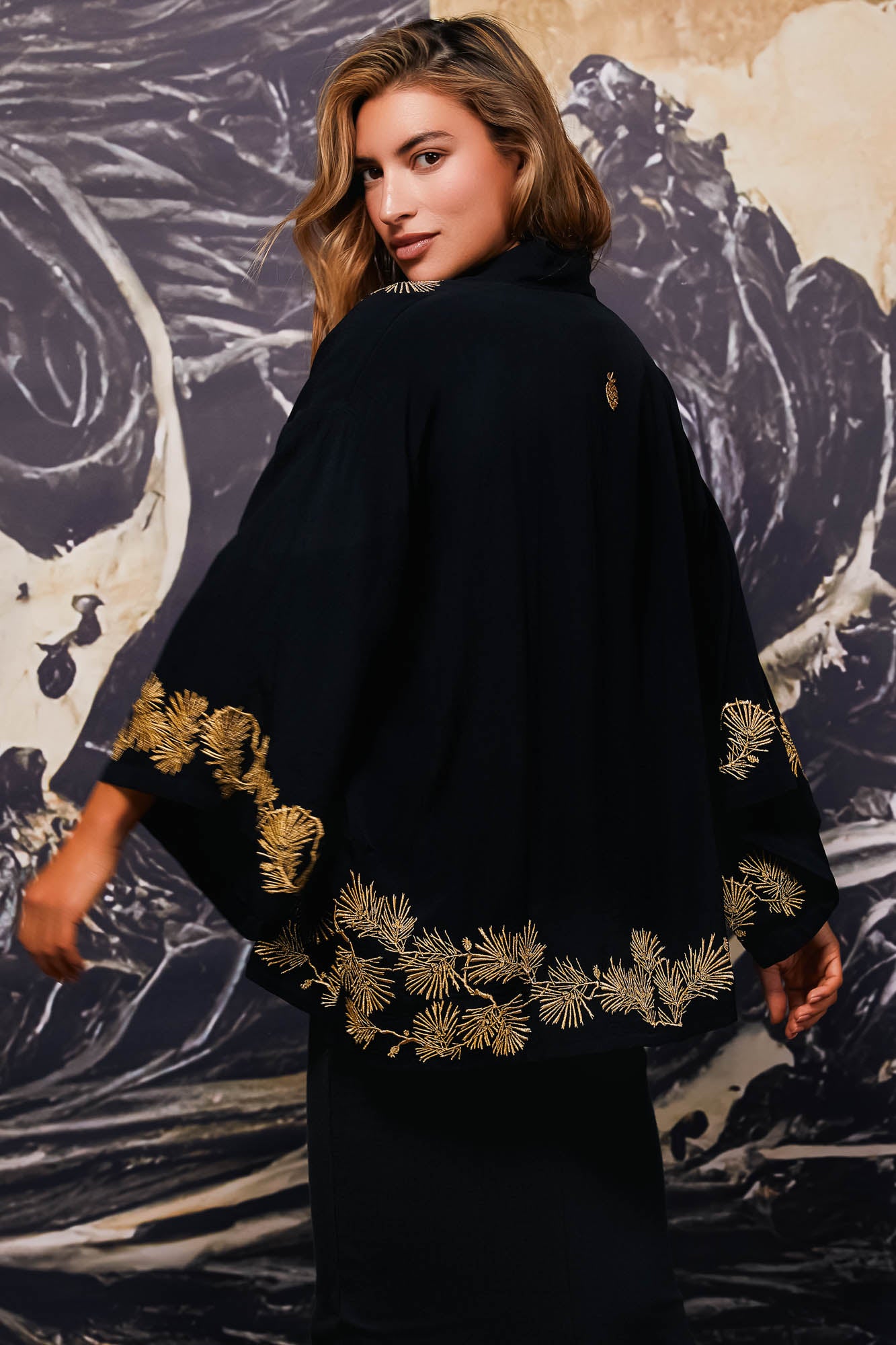 Japanese Pine Needles gold and black embroidered short kimono jacket back