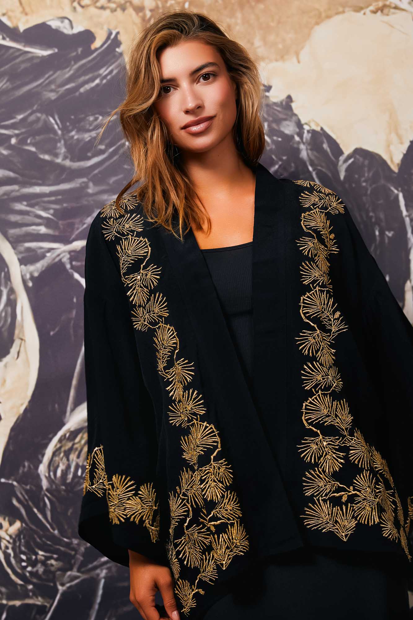 Japanese Pine Needles gold and black embroidered short kimono jacket front view