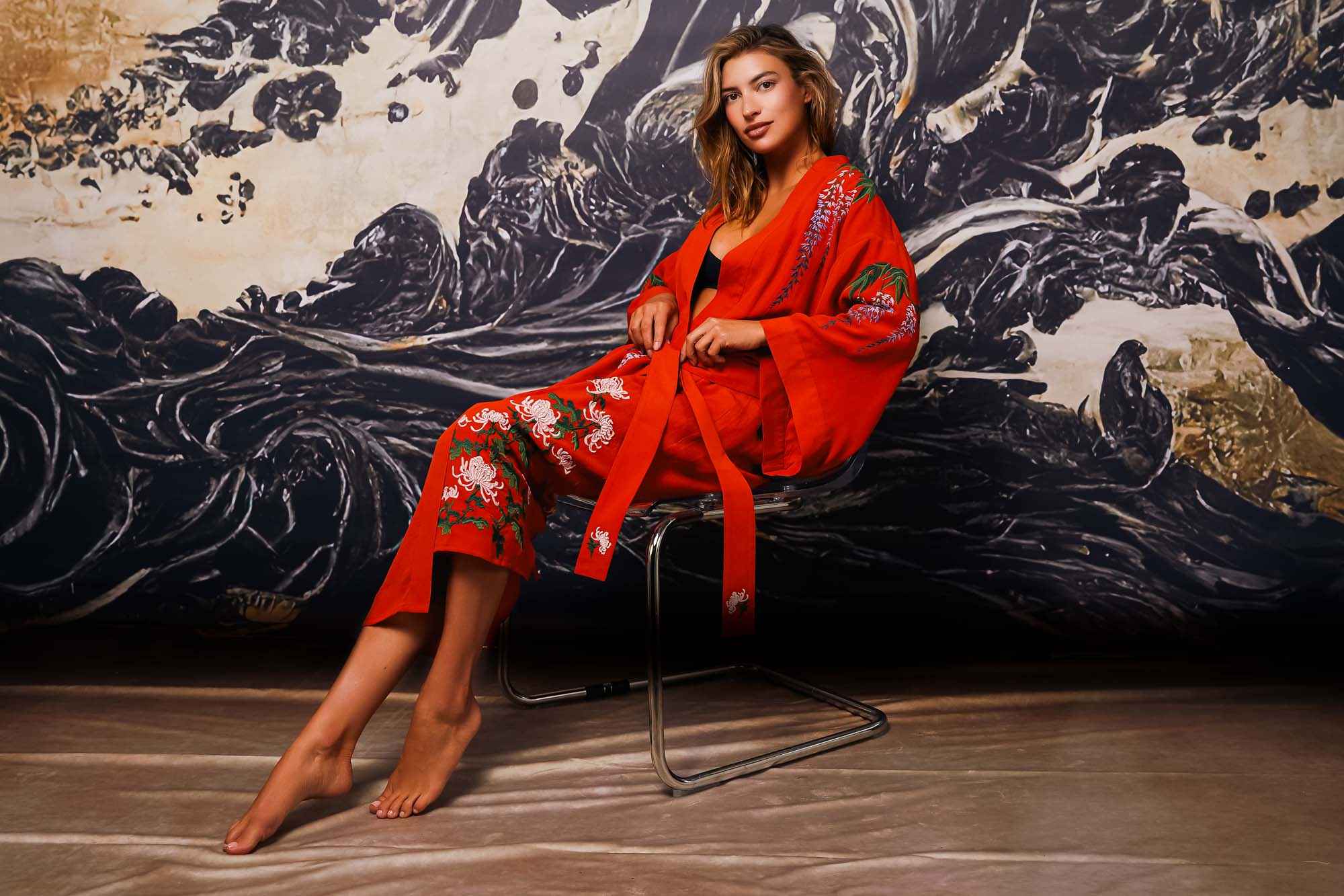 Wisteria & Chrysanthemum flowers embroidered long kimono terracotta worn as a gown with lingerie