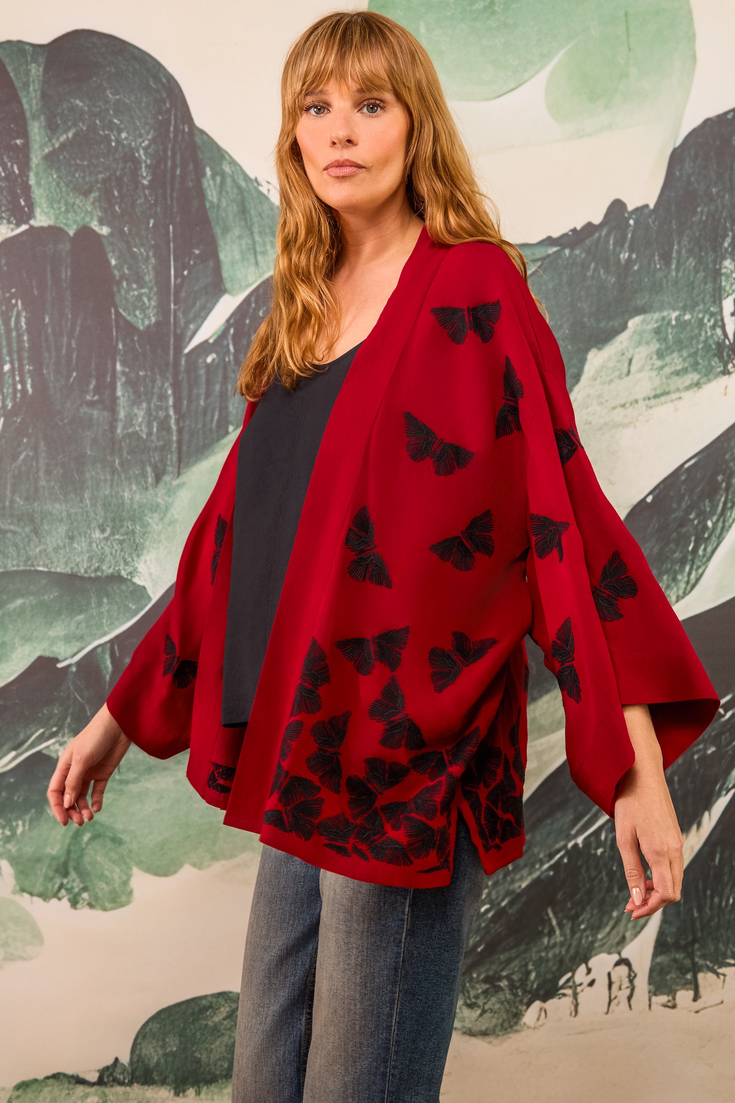 Black Embroidered Butterflies Wine Short Kimono