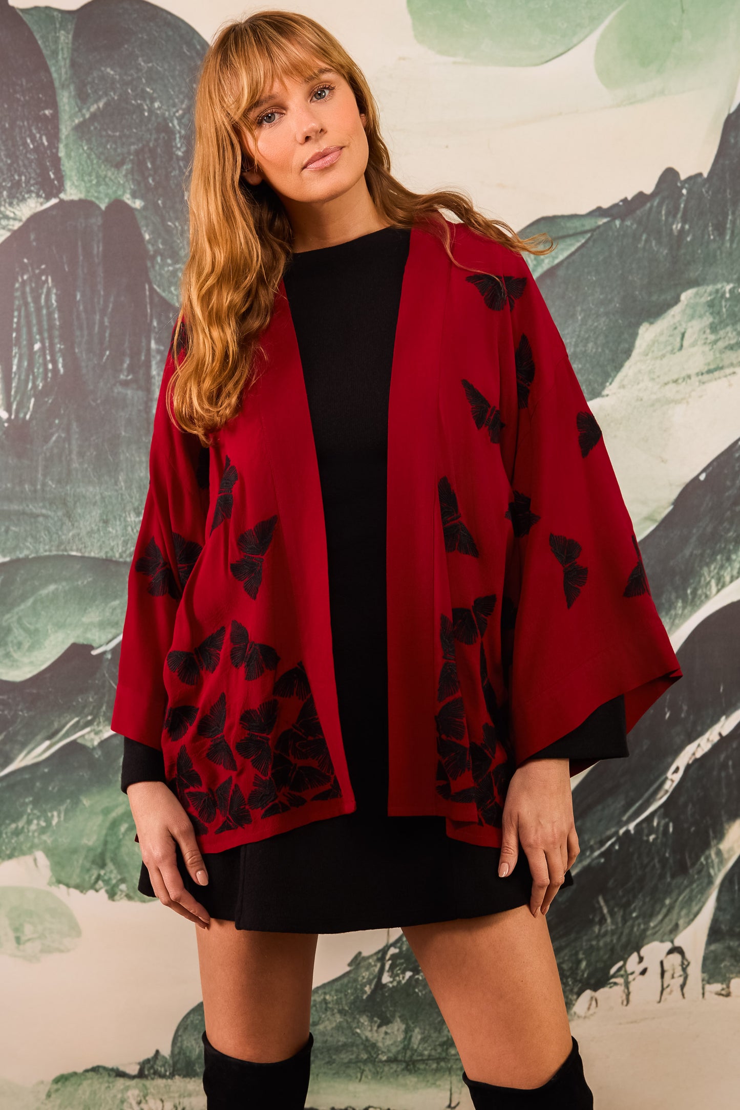 Black Embroidered Butterflies Wine Short Kimono