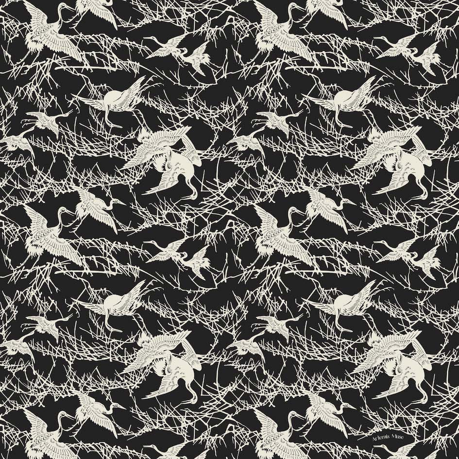 Japanese crane print black and ivory cotton scarf 120x120cm