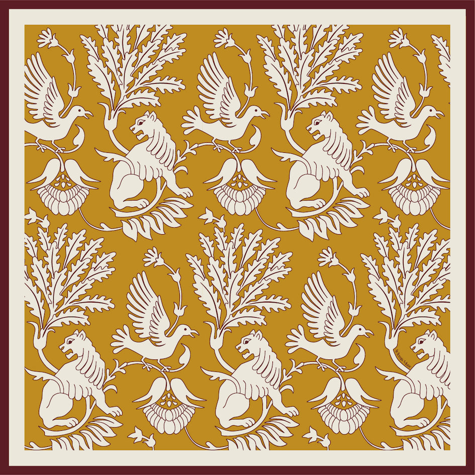 Regal Doves & Lions Wine & Mustard Luxury Silk Scarf 120cm * 120cm