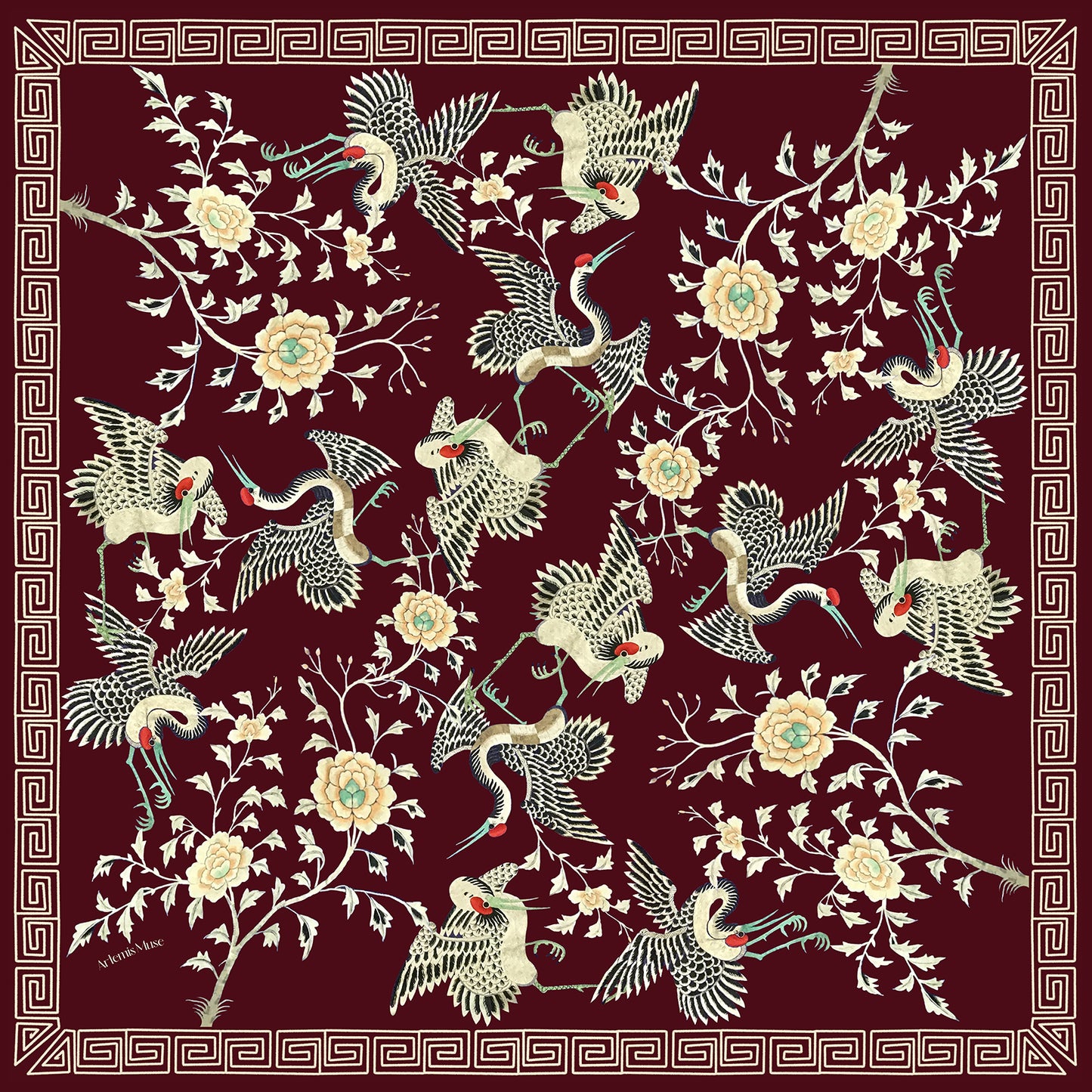 Dynastic Birds Wine Luxury Silk Scarf 120cm * 120cm
