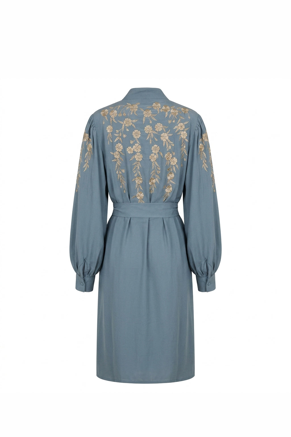 Japanese Blossoms Metallic Champagne and Blue Embroidery Artemis Dress