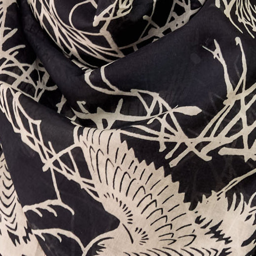 Japanese crane print black and ivory detail