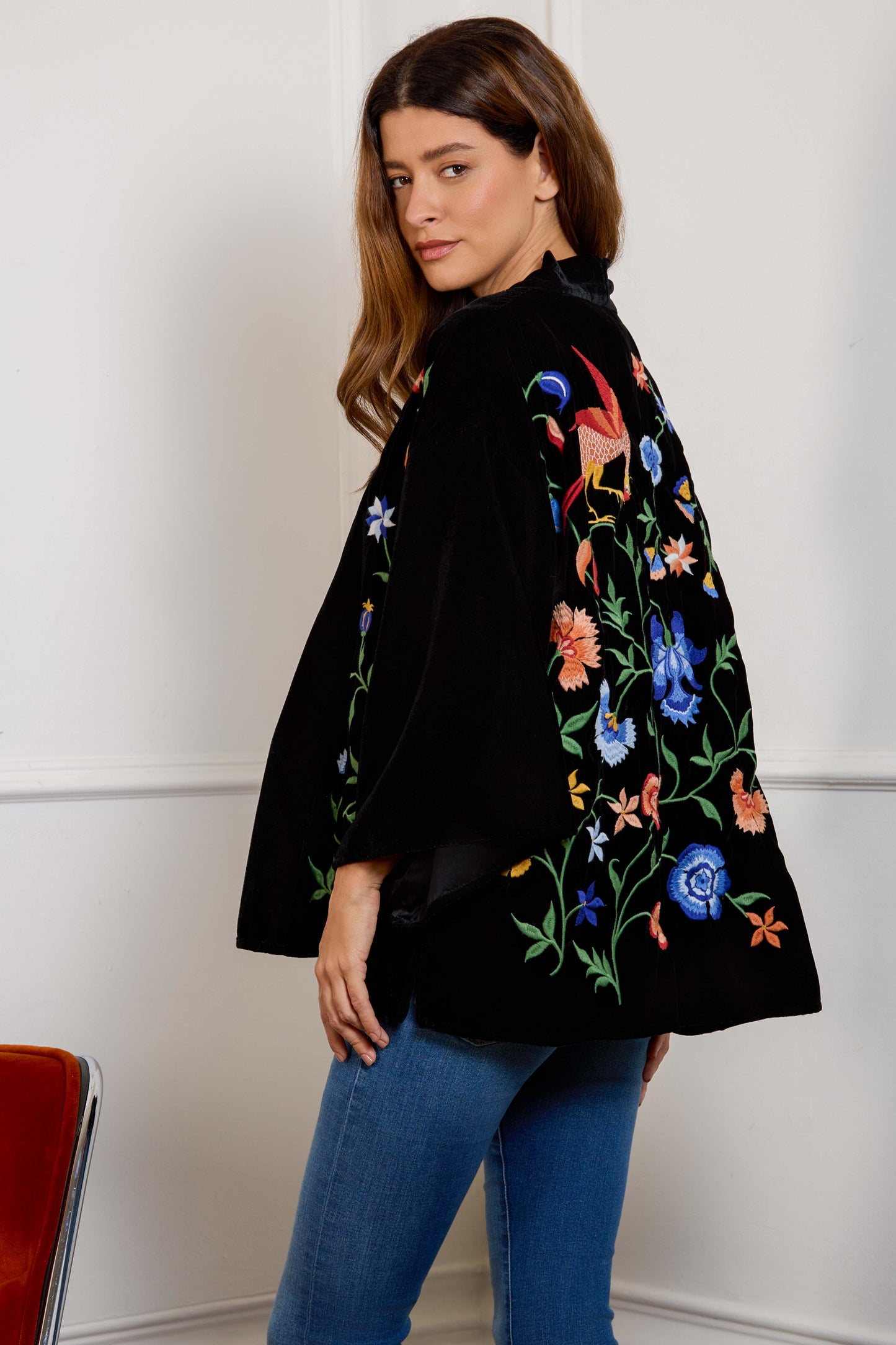 Regal Floral & Bird Embroidery Velvet Luxury Kimono