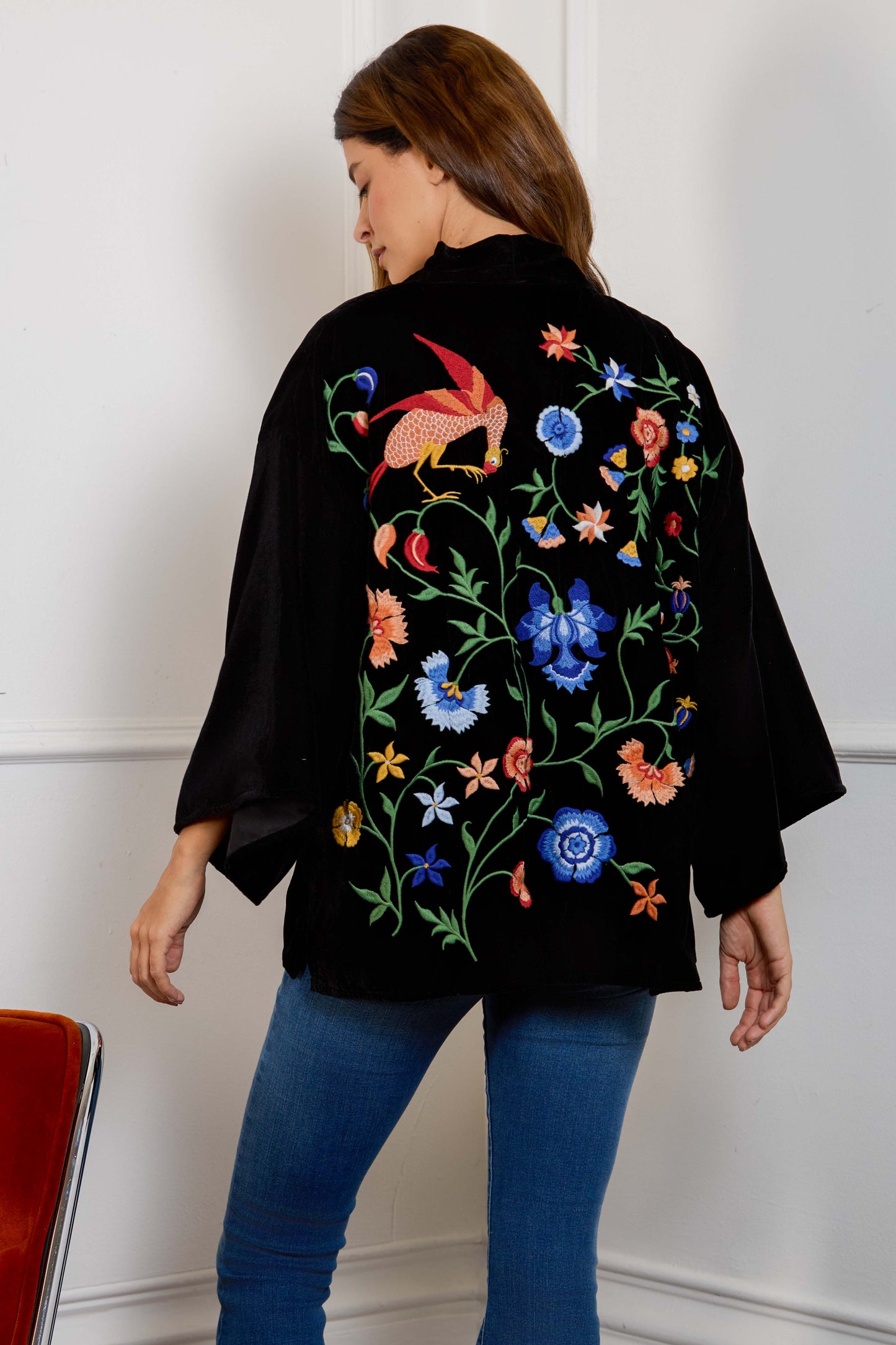 Regal Floral & Bird Embroidery Velvet Luxury Kimono