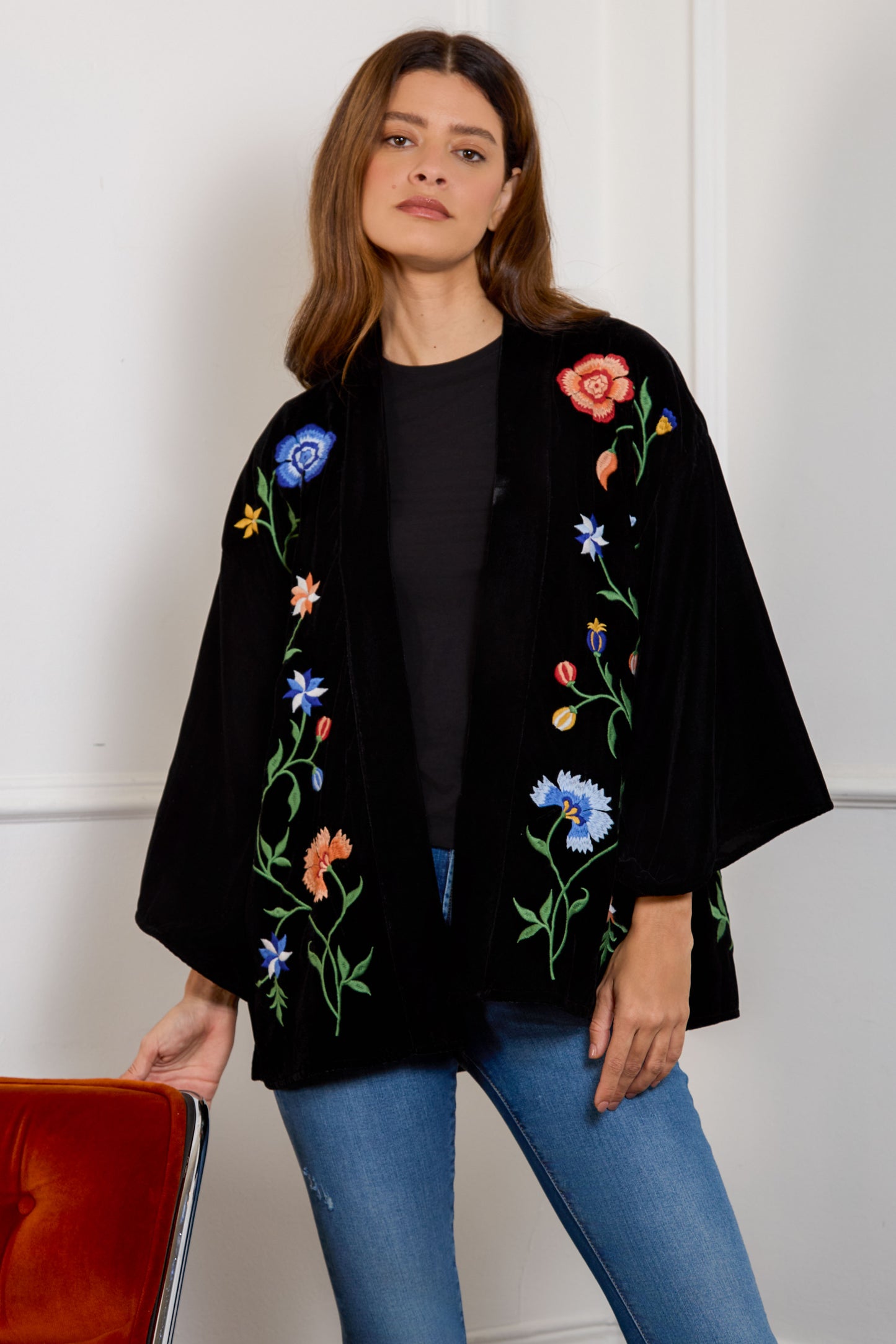 Regal Floral & Bird Embroidery Velvet Luxury Kimono