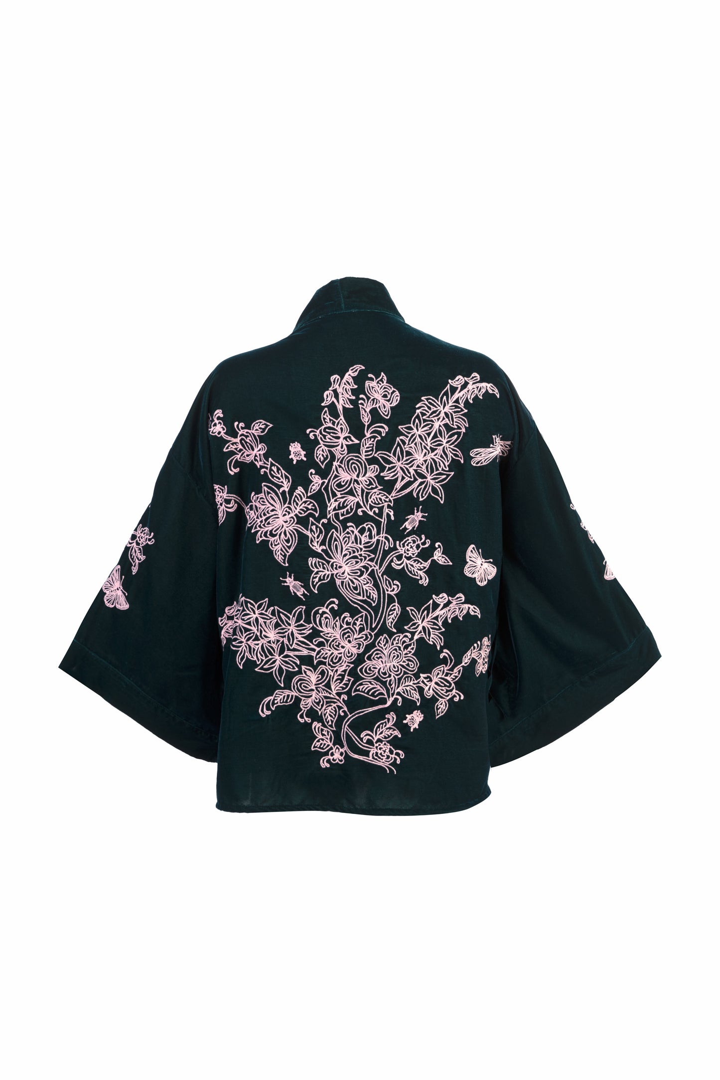 Wild Flowers & Butterflies Teal & Pink Velvet Embroidered Short Kimono