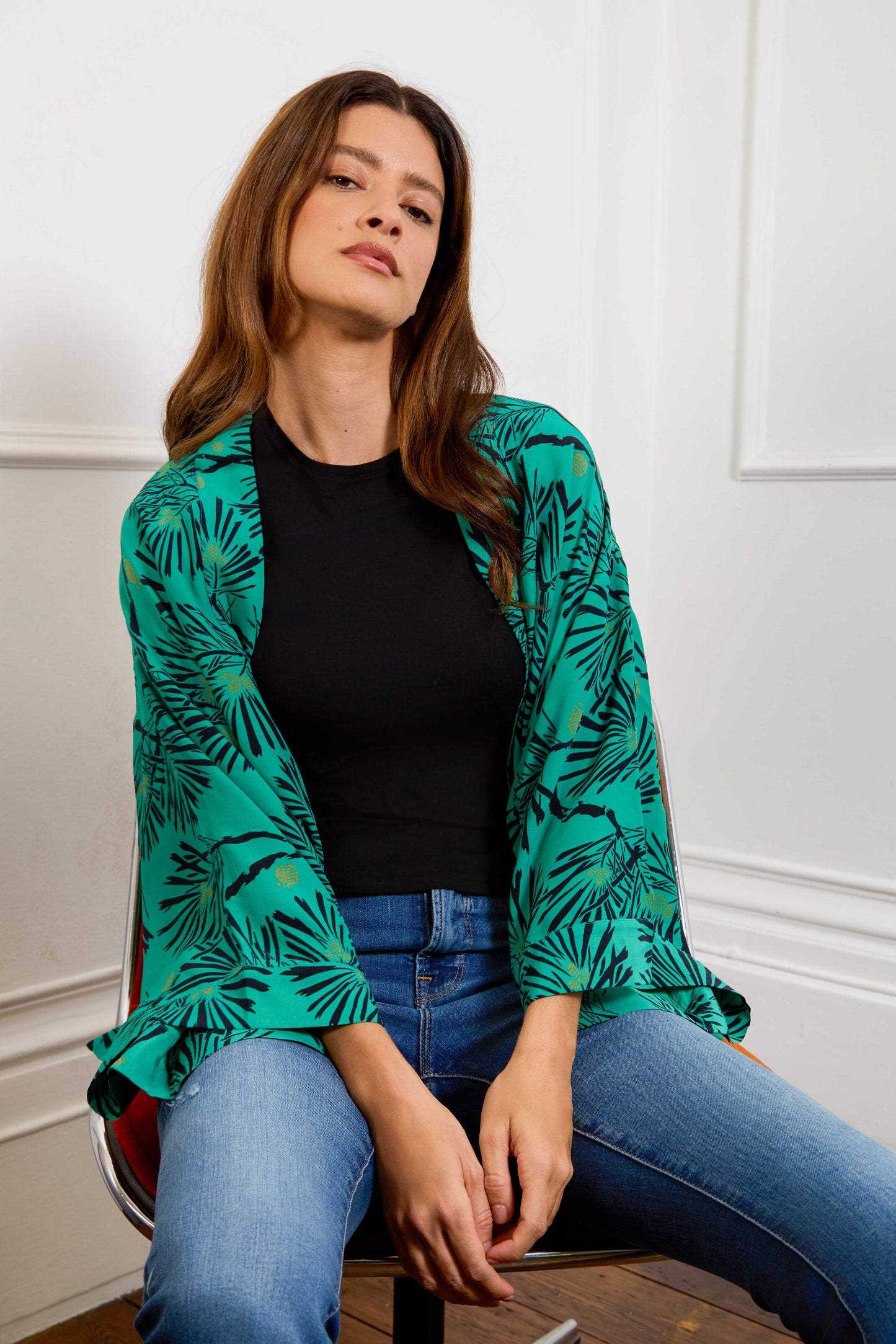 Japanese Pine Needle Print Green Short Light Weight Kimono