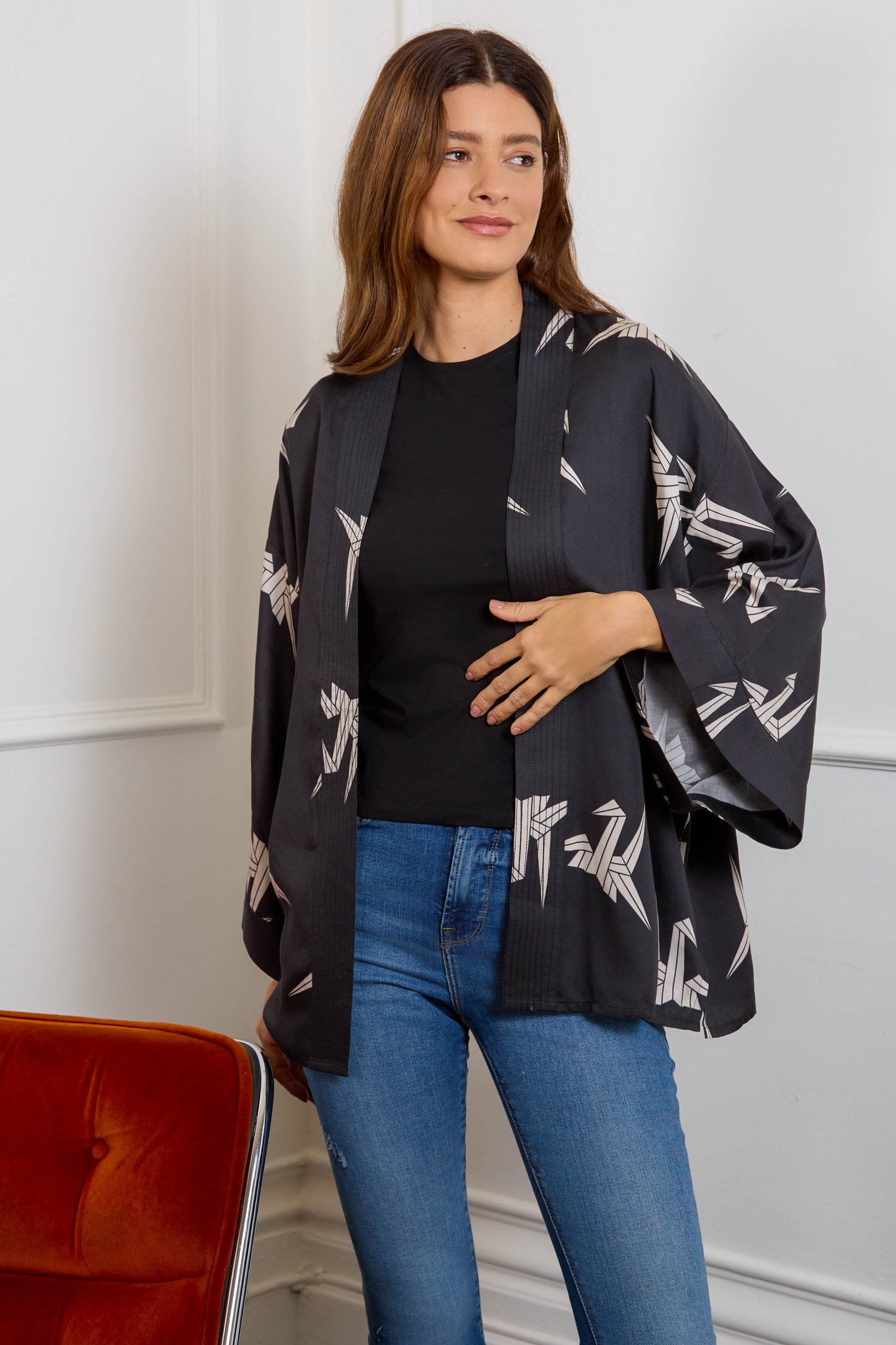 Japanese Origami Bird Print Black & Ivory Short Light Weight Kimono