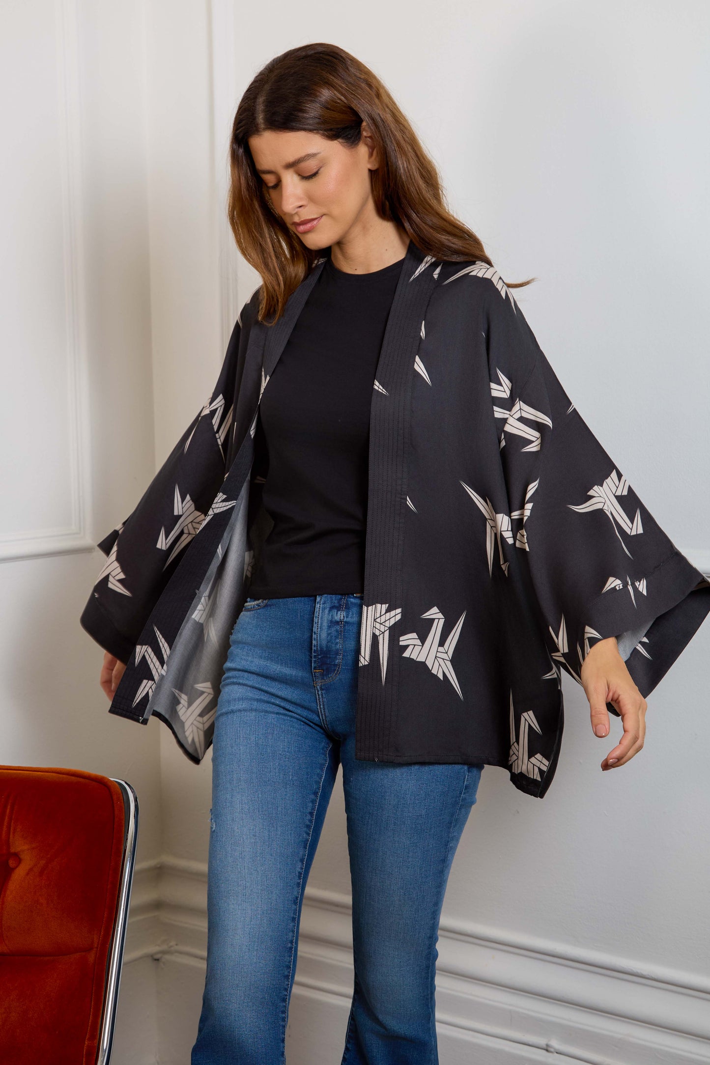 Japanese Origami Bird Print Black & Ivory Short Light Weight Kimono