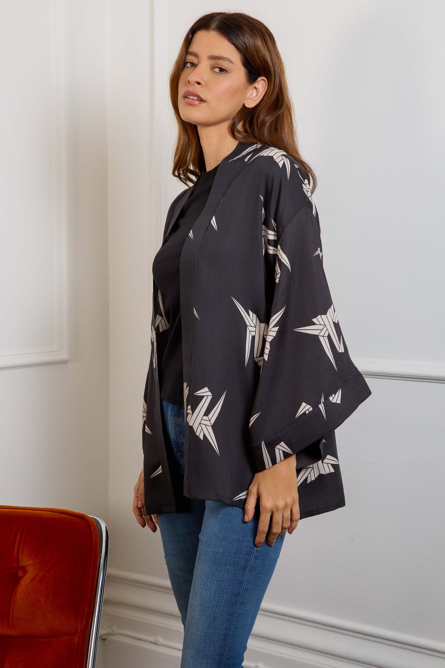 Japanese Origami Bird Print Black & Ivory Short Light Weight Kimono