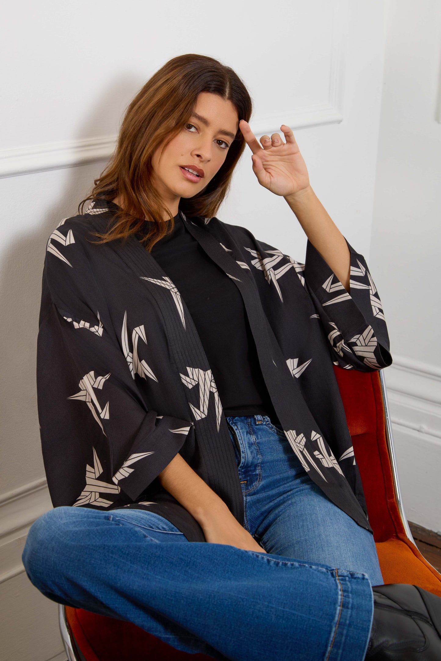 Japanese Origami Bird Print Black & Ivory Short Light Weight Kimono
