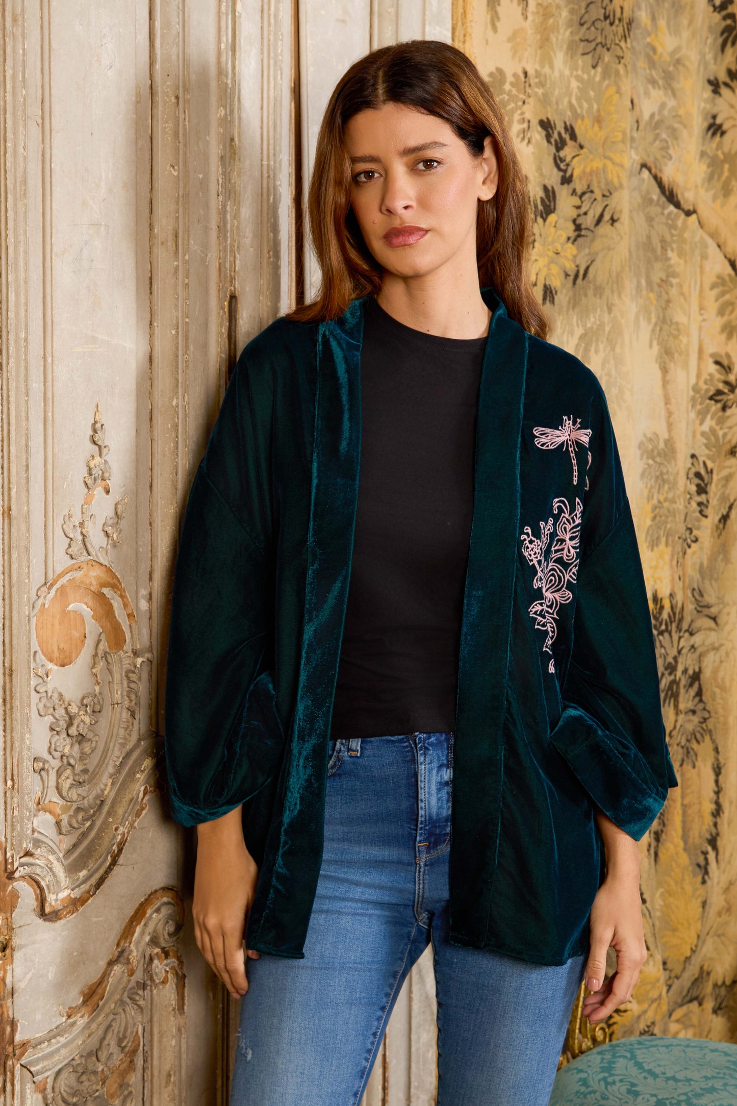 Wild Flowers & Butterflies Teal & Pink Velvet Embroidered Short Kimono