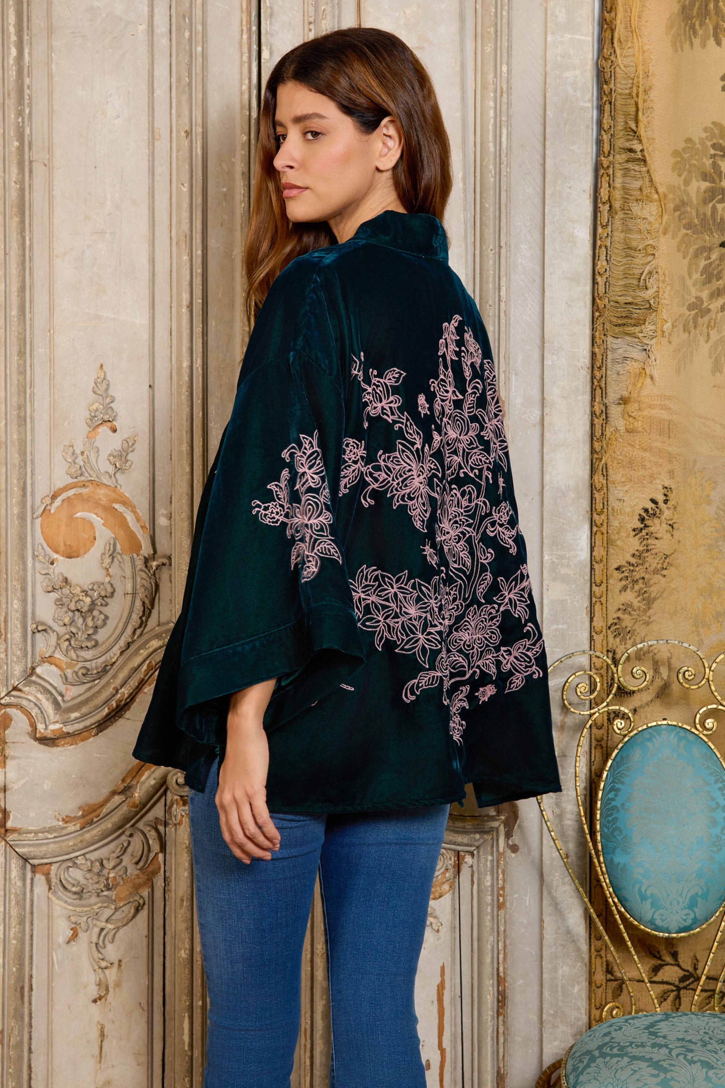 Wild Flowers & Butterflies Teal & Pink Velvet Embroidered Short Kimono