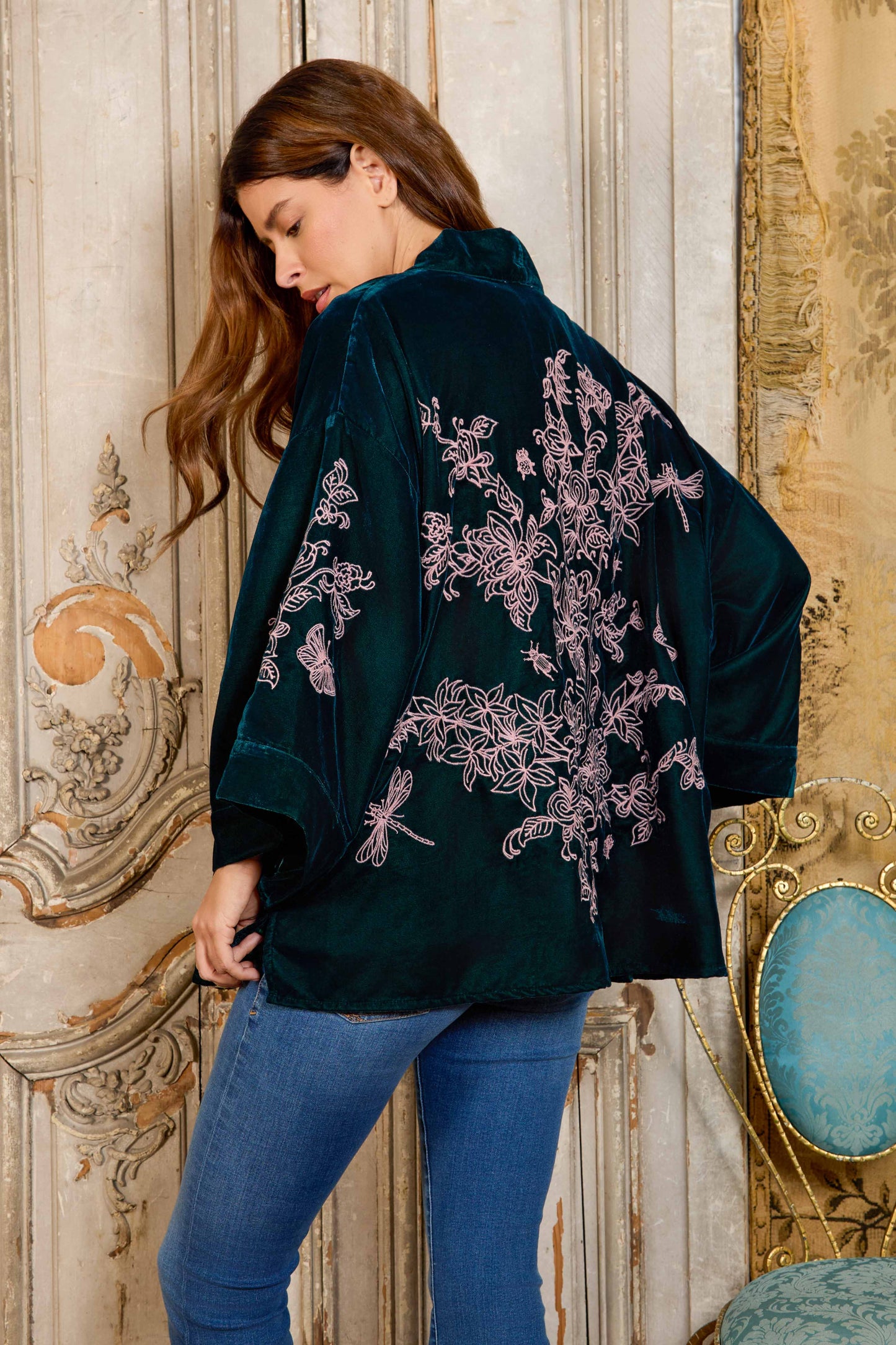Wild Flowers & Butterflies Teal & Pink Velvet Embroidered Short Kimono