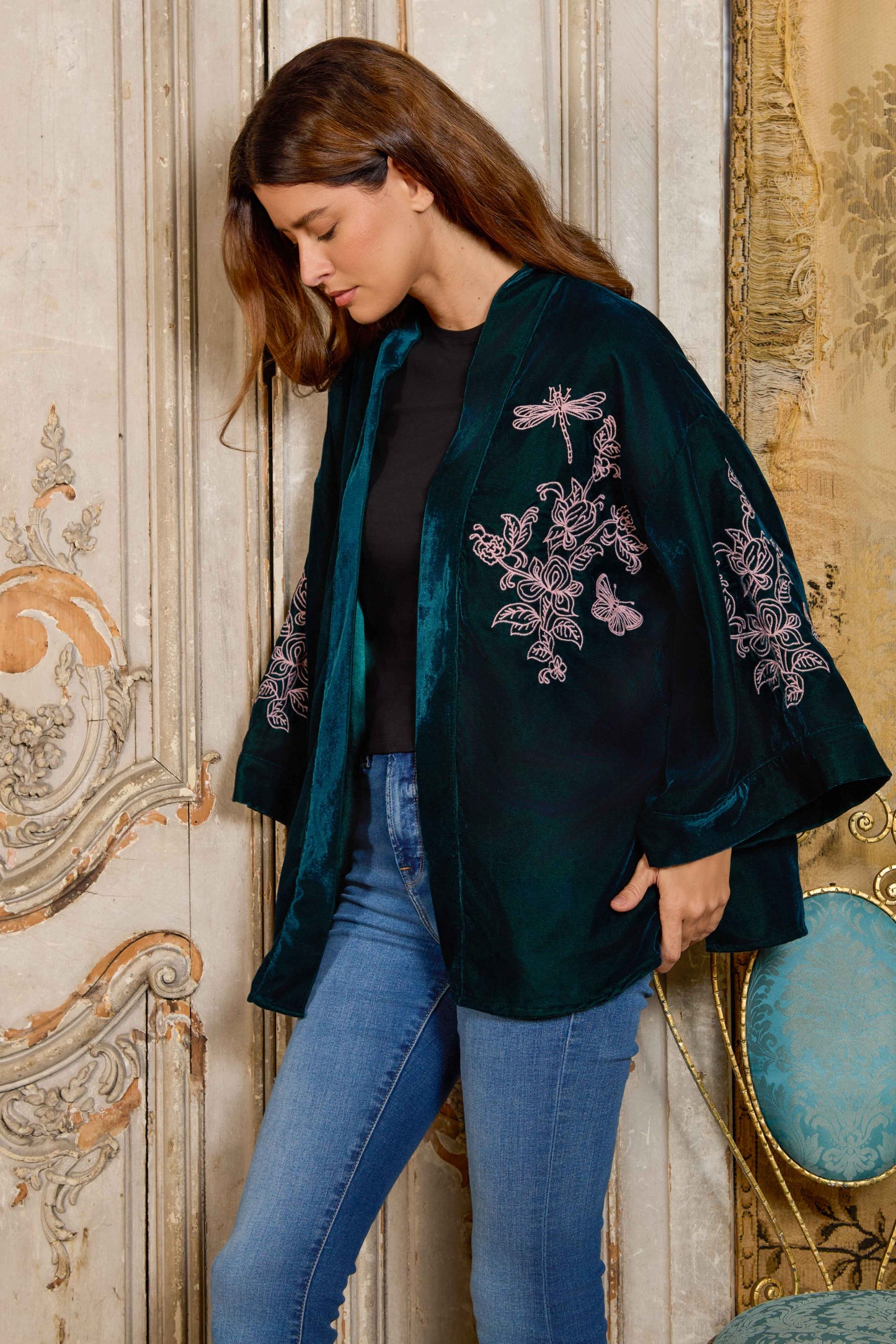 Wild Flowers & Butterflies Teal & Pink Velvet Embroidered Short Kimono