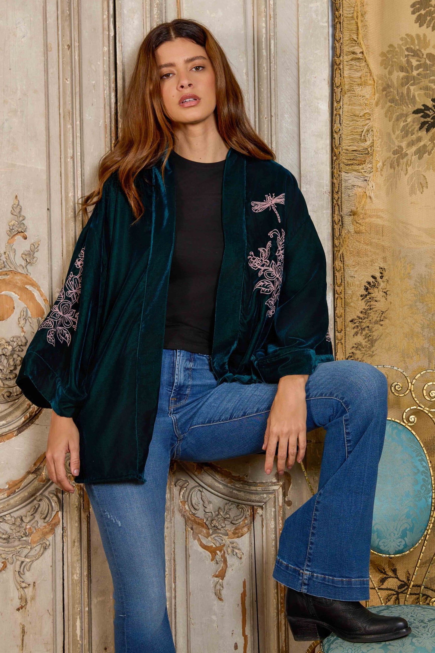 Wild Flowers & Butterflies Teal & Pink Velvet Embroidered Short Kimono