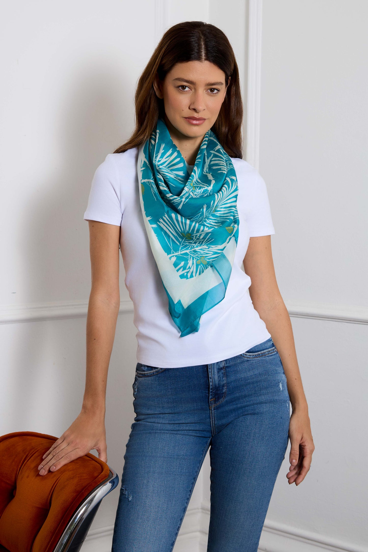 Teal & Ivory Pine Needles Luxury Silk Scarf 120cm * 120cm