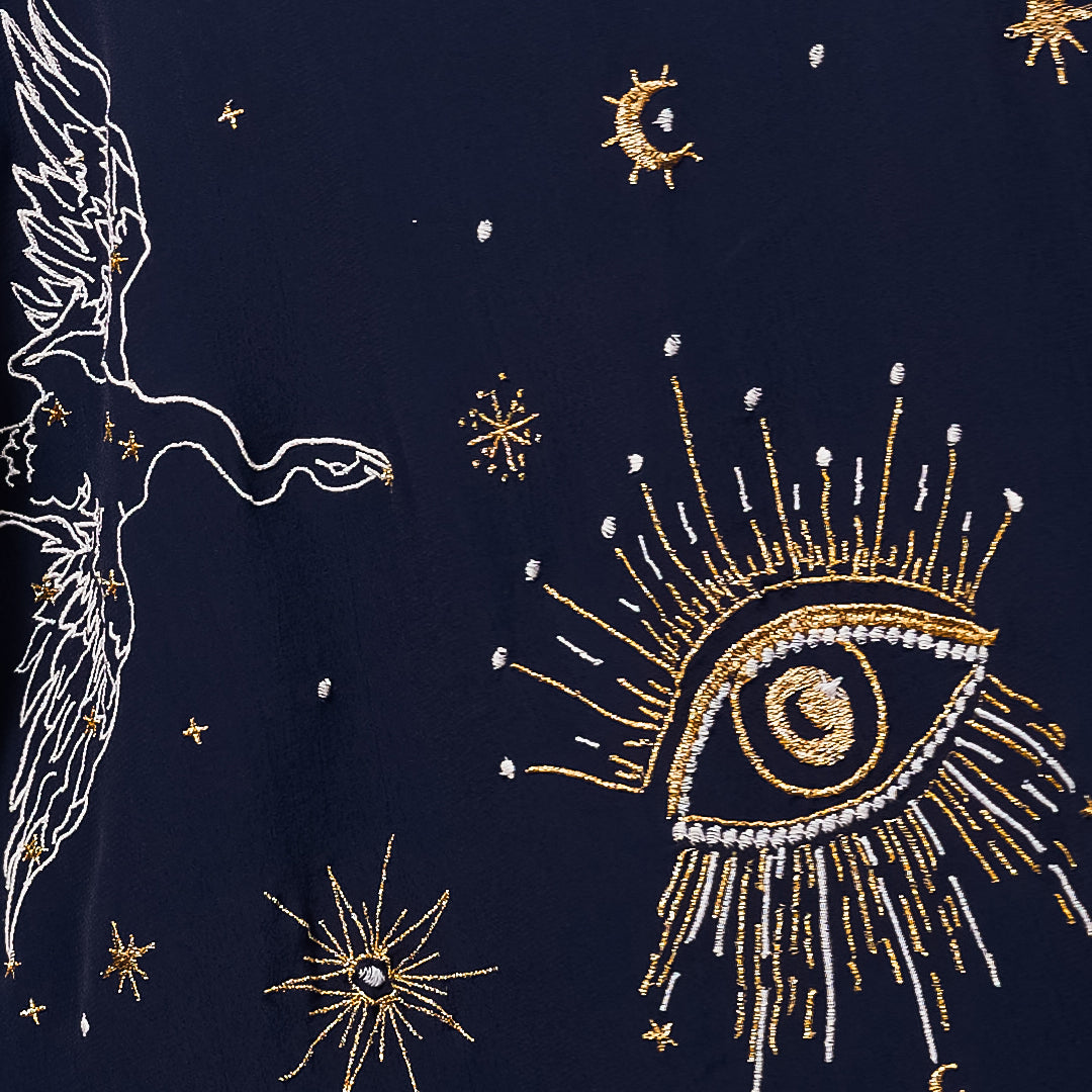 Cosmos Embroidered Navy, Ivory and Gold Fully Lined Short Kimono