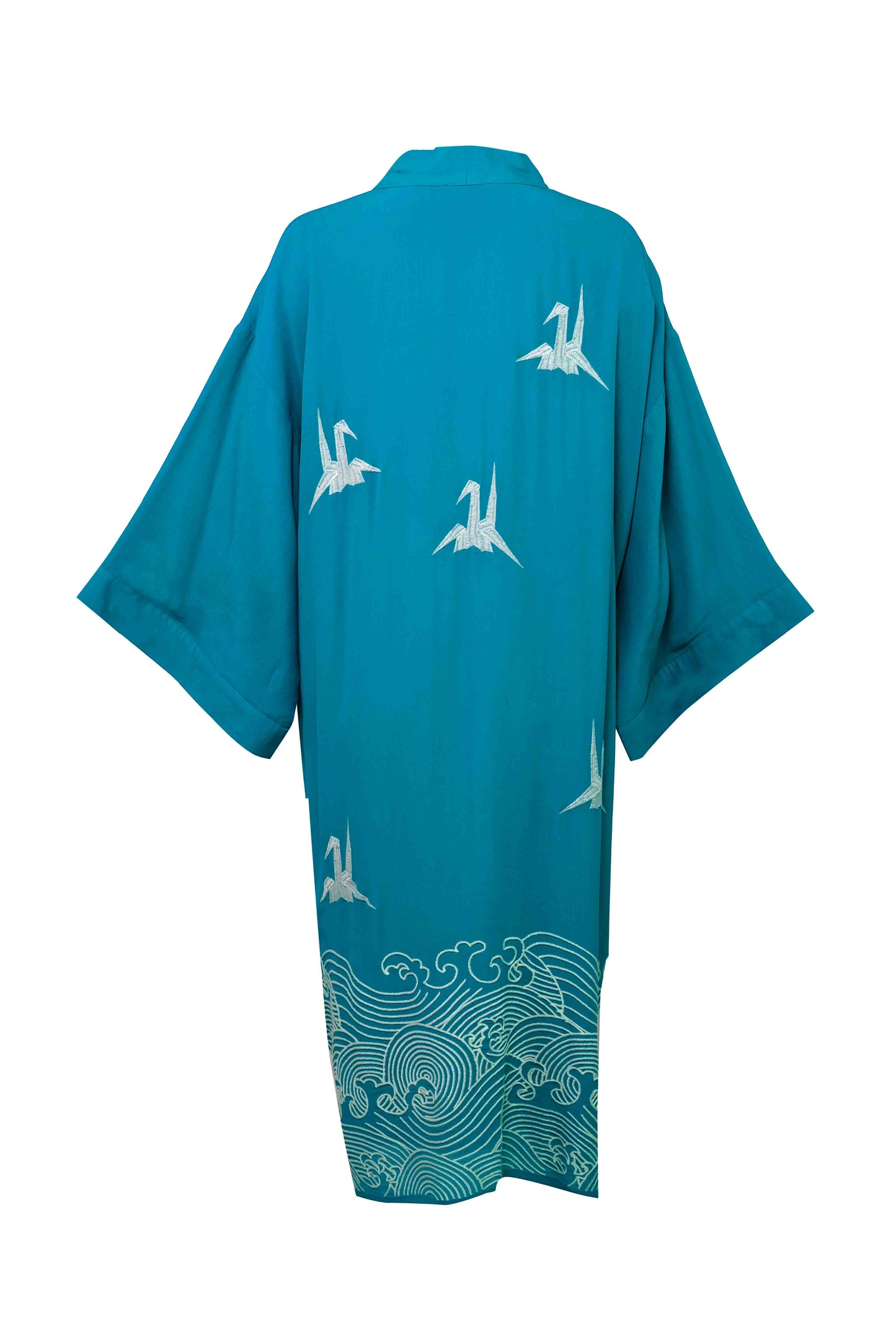 Origami & Hokusai Wave Embroidered Fully Lined Deep Teal Long Kimono