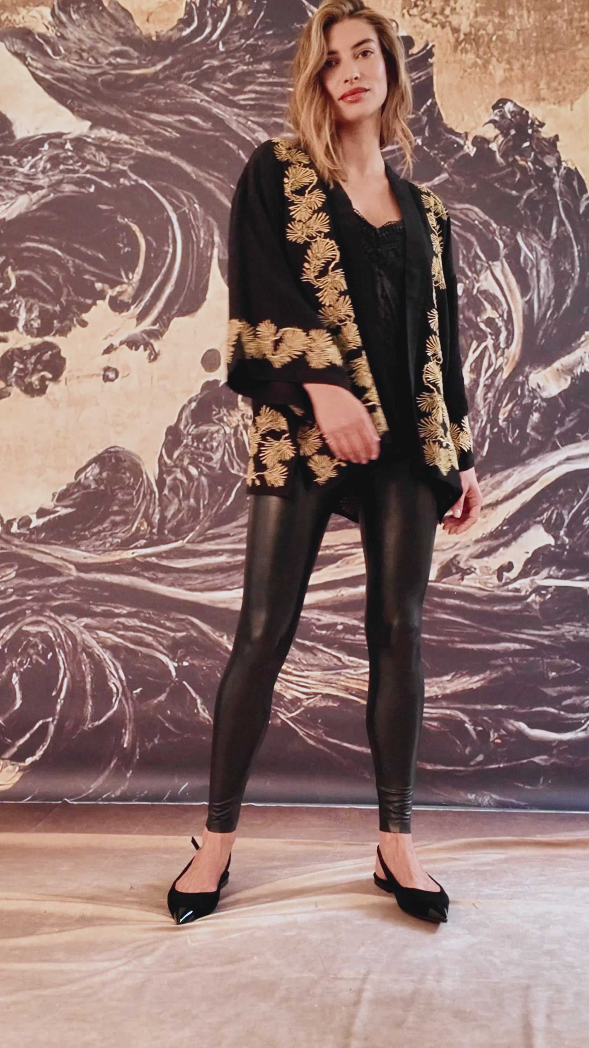 Japanese Pine Needles gold and black embroidered short kimono jacket video