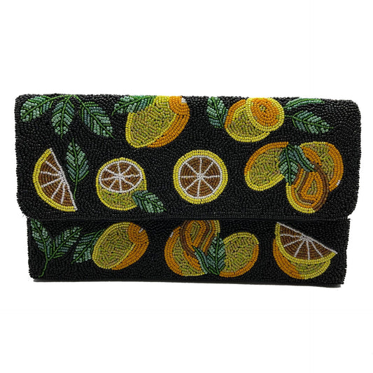 Beaded Lemons & Black Beaded Clutch Bag