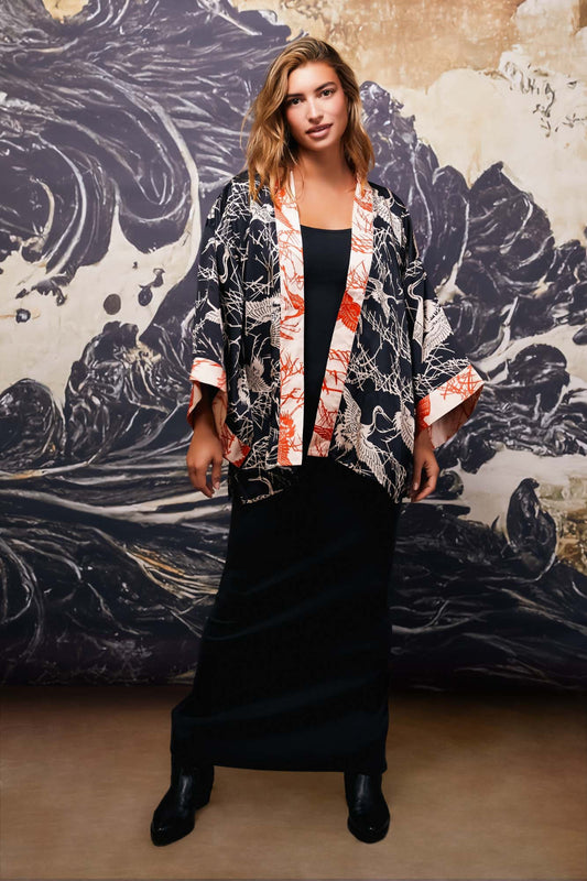 Black and ivory Japanese Crane Print Kimono Jacket