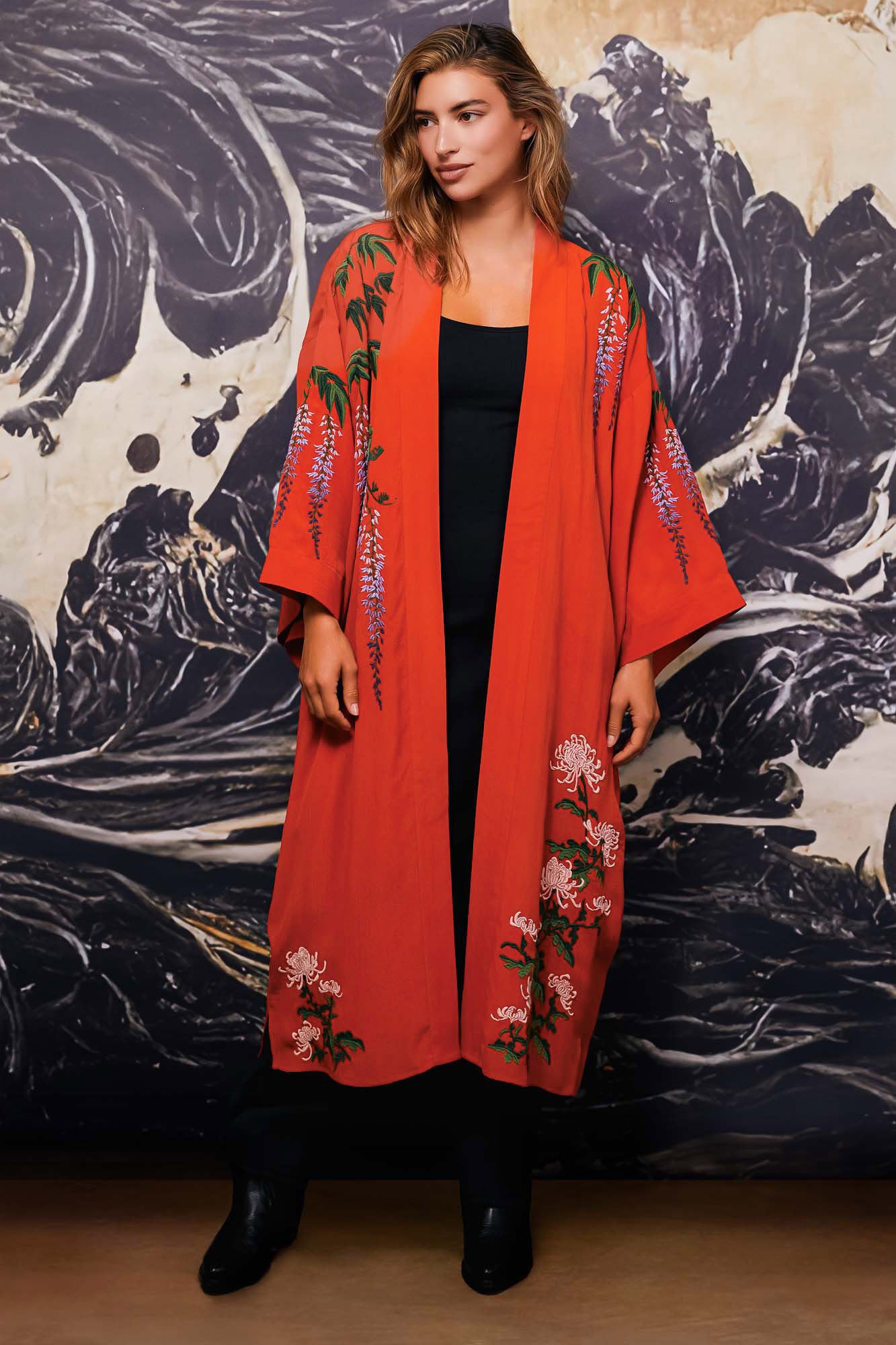 Wisteria & Chrysanthemum Embroidered Terracotta Fully Lined Long Kimono