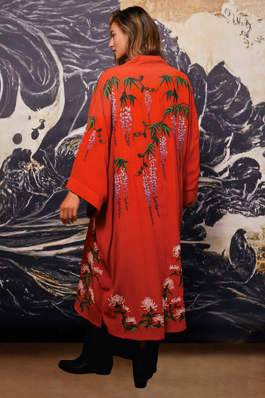 Wisteria & Chrysanthemum Embroidered Terracotta Fully Lined Long Kimono