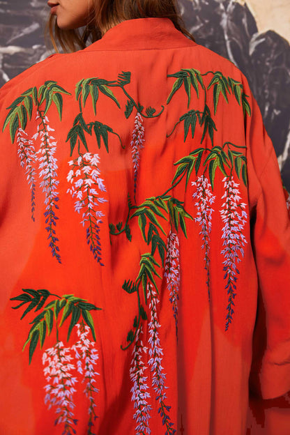 Wisteria & Chrysanthemum Embroidered Terracotta Fully Lined Long Kimono