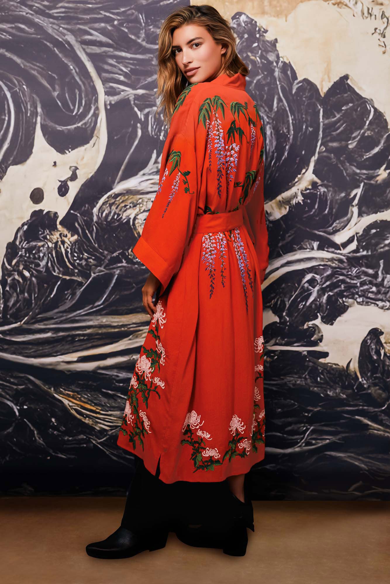 Wisteria & Chrysanthemum Embroidered Terracotta Fully Lined Long Kimono