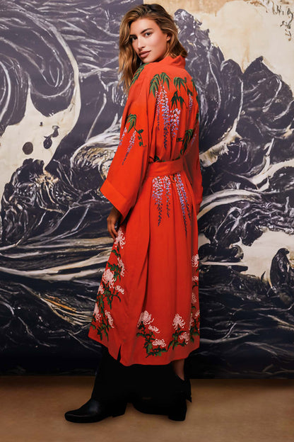 Wisteria & Chrysanthemum Embroidered Terracotta Fully Lined Long Kimono