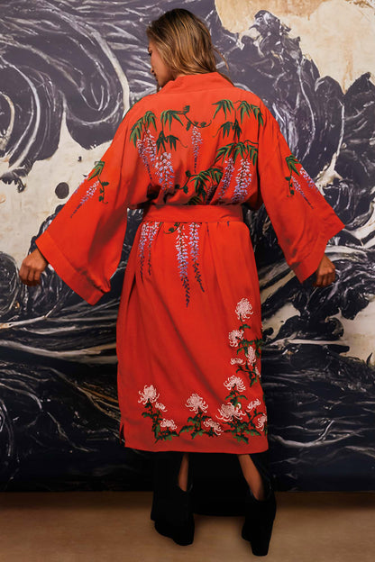Wisteria & Chrysanthemum Embroidered Terracotta Fully Lined Long Kimono