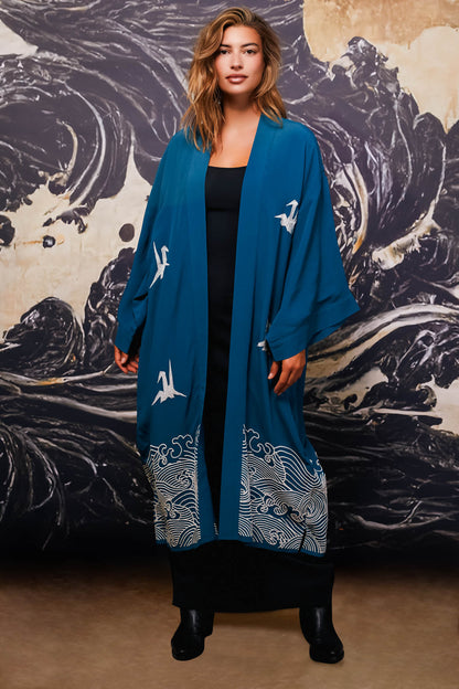 Origami & Hokusai Wave Embroidered Fully Lined Deep Teal Long Kimono