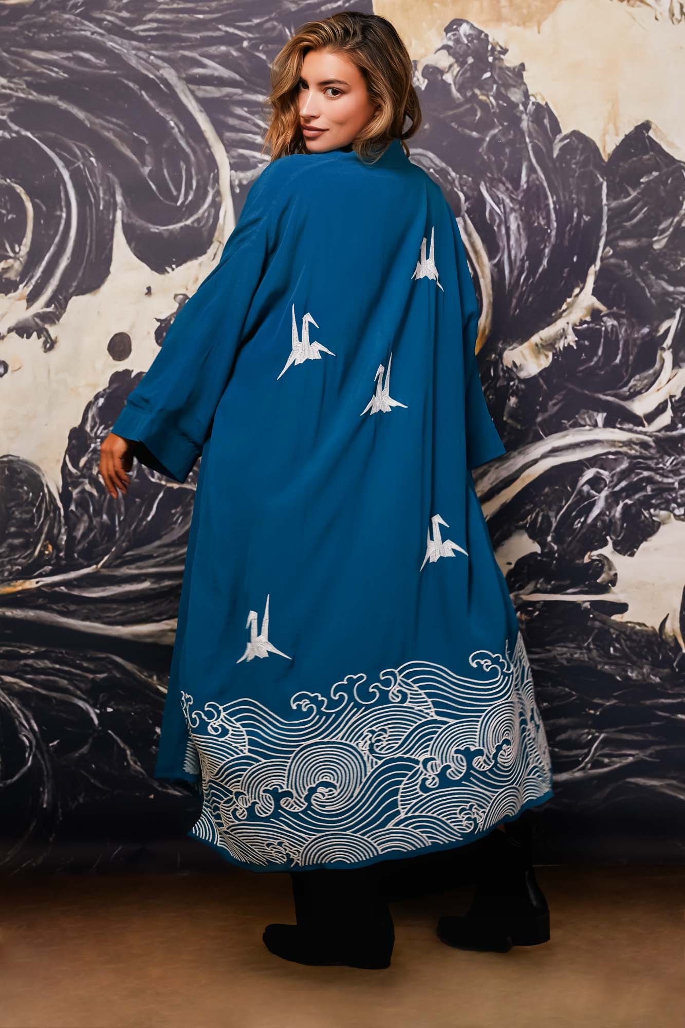 Origami & Hokusai Wave Embroidered Fully Lined Deep Teal Long Kimono