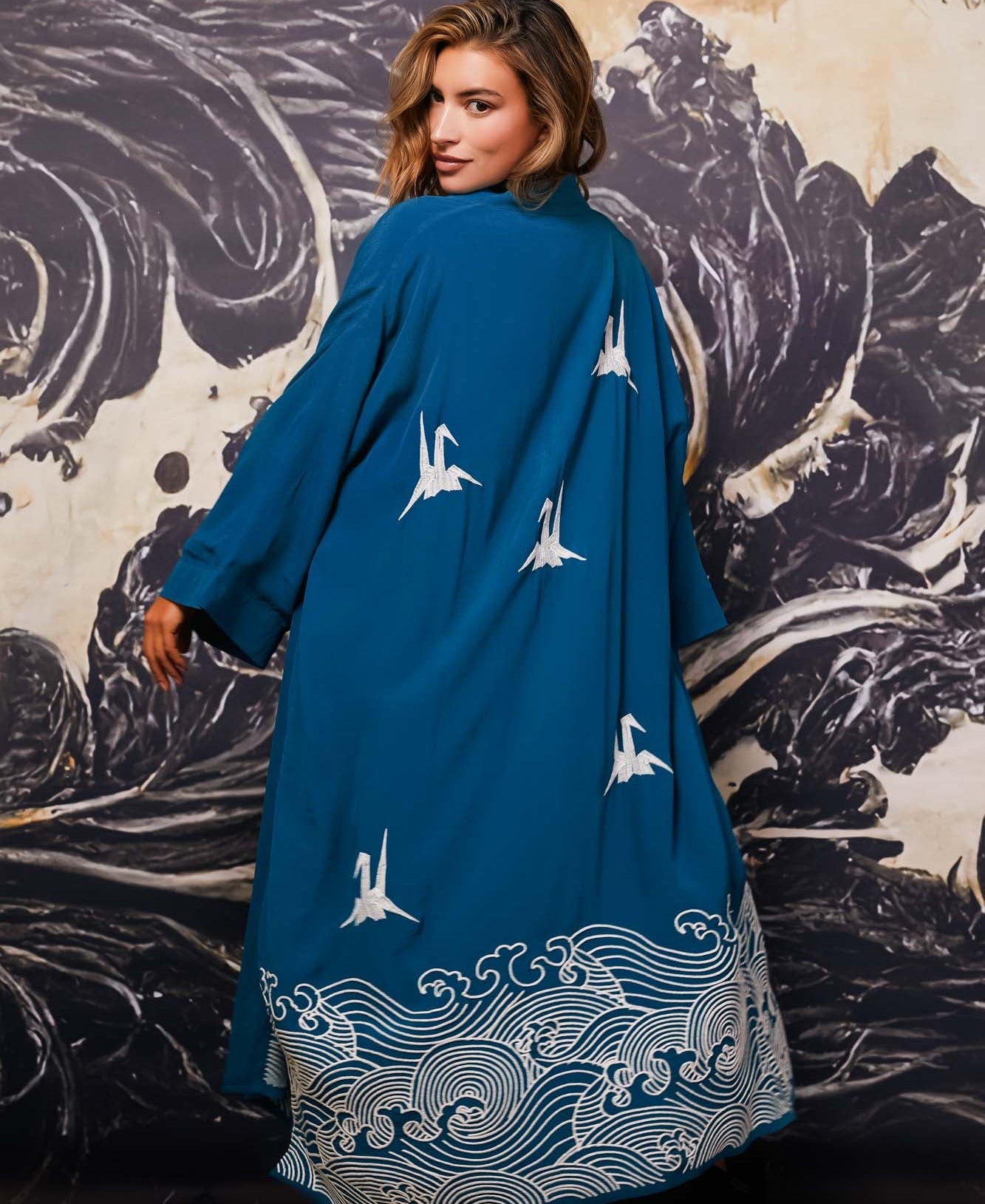 Hokusai wave and origami birds embroidered long teal blue kimono back view