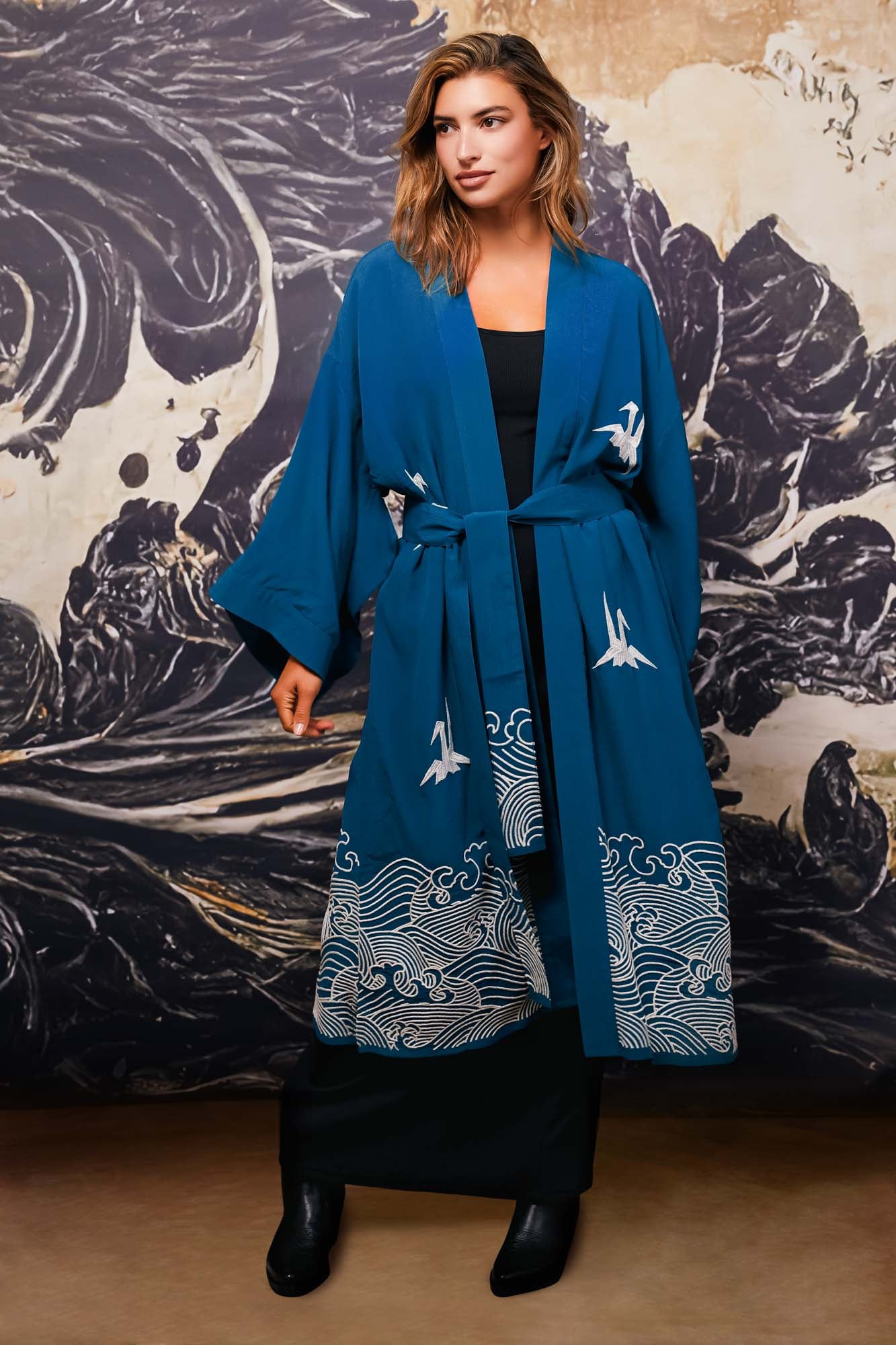 Origami & Hokusai Wave Embroidered Fully Lined Deep Teal Long Kimono