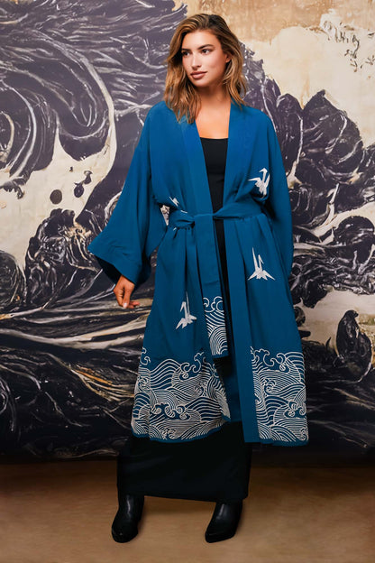 Origami & Hokusai Wave Embroidered Fully Lined Deep Teal Long Kimono