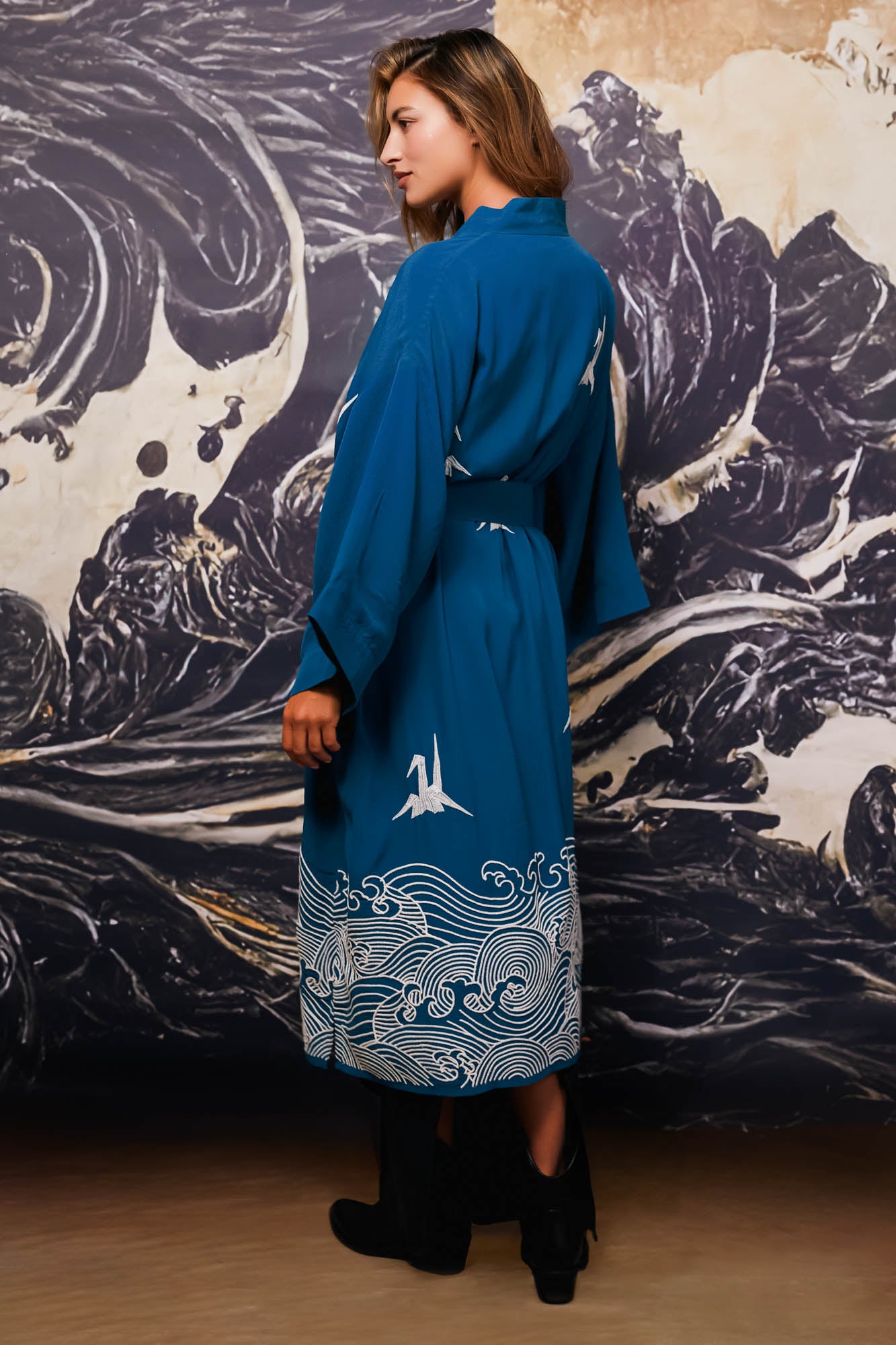 Origami & Hokusai Wave Embroidered Fully Lined Deep Teal Long Kimono