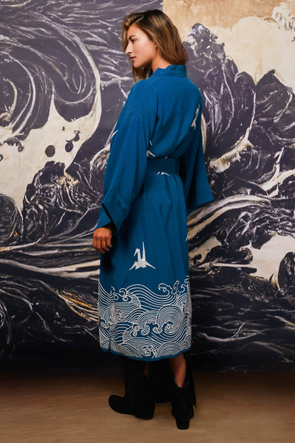 Origami & Hokusai Wave Embroidered Fully Lined Deep Teal Long Kimono