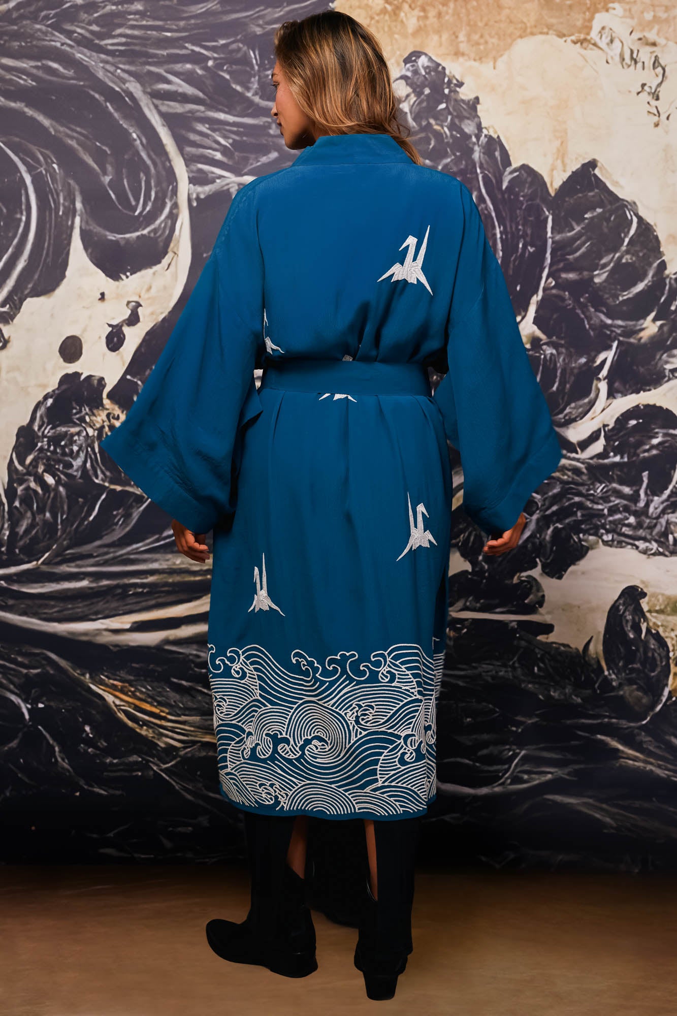 Origami & Hokusai Wave Embroidered Fully Lined Deep Teal Long Kimono