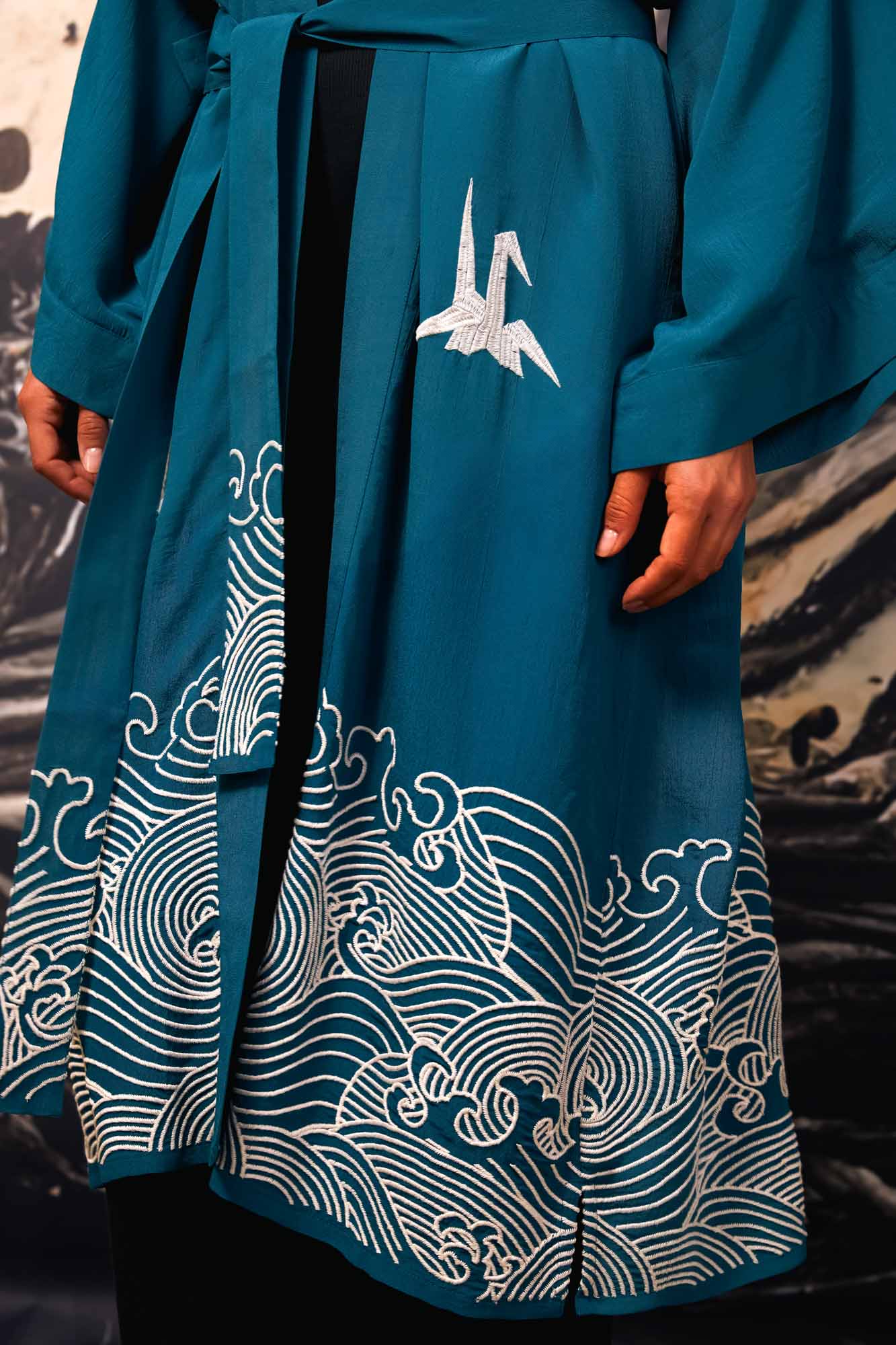 Origami & Hokusai Wave Embroidered Fully Lined Deep Teal Long Kimono