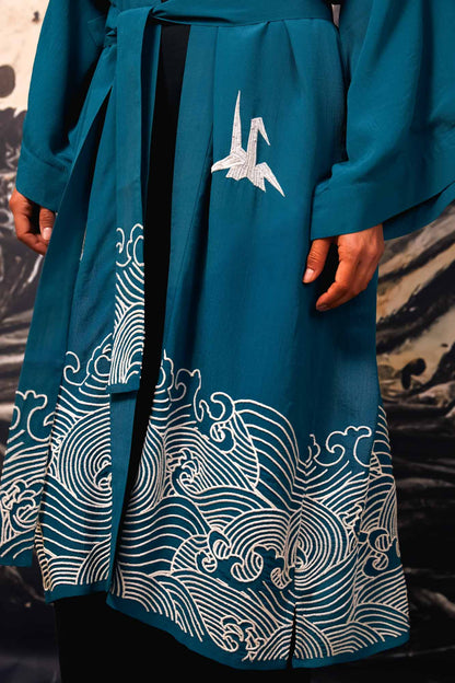 Origami & Hokusai Wave Embroidered Fully Lined Deep Teal Long Kimono