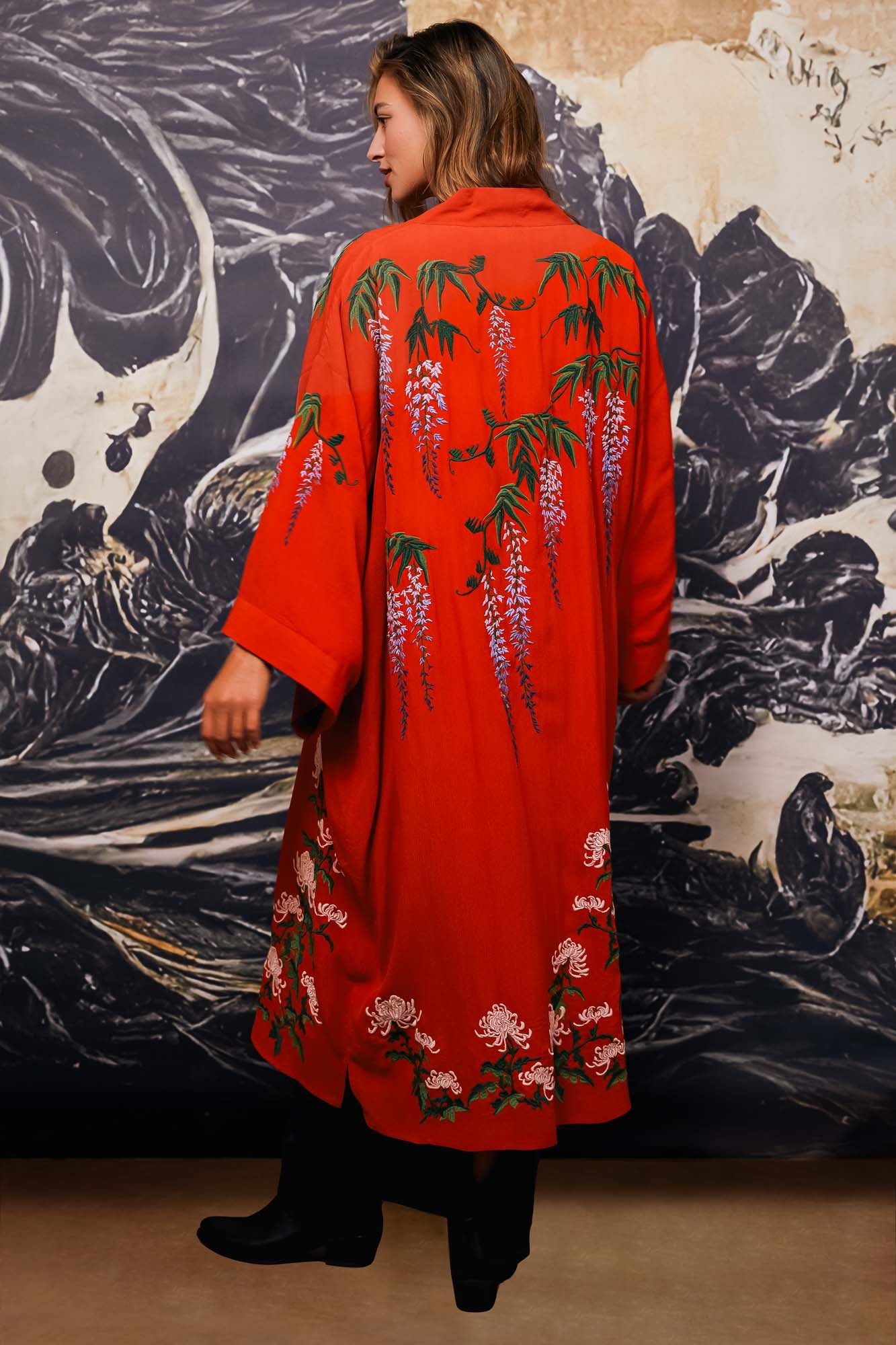 Wisteria & Chrysanthemum Embroidered Terracotta Fully Lined Long Kimono