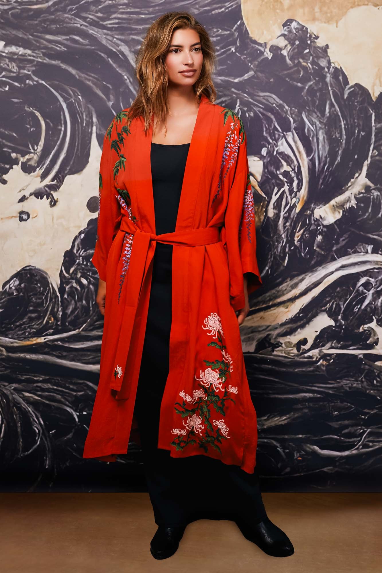 Wisteria & Chrysanthemum Embroidered Terracotta Fully Lined Long Kimono
